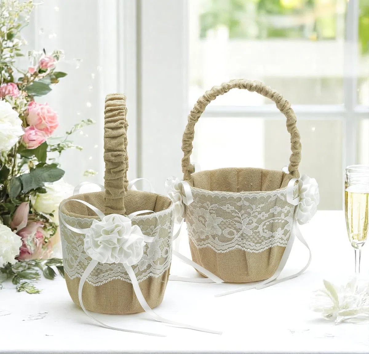 EinsSein Set 2 Cestini Matrimonio Juta e Raso 17x26x13 cm | Cesti Vimini con Manico per Petali Fiori Confetti | Damigella Sposa Bambina Cuore Decorativo Cerimonia Elegante