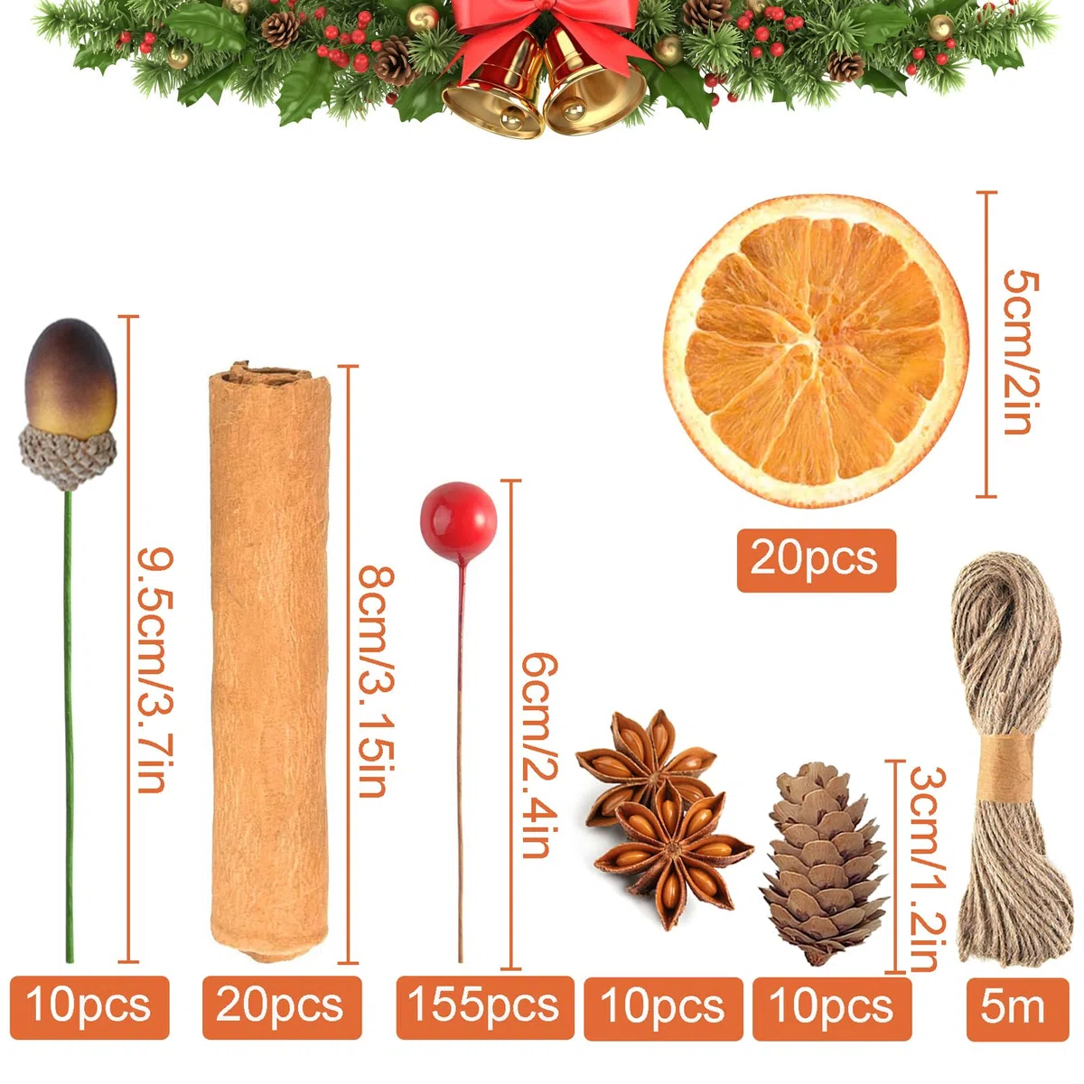 YUNSTK 225 pezzi di forniture per la produzione di ghirlande di Natale, fette di arancia essiccate e bastoncini di cannella, mini pigne kit, accessori per ghirlande floreali per decorazioni natalizie