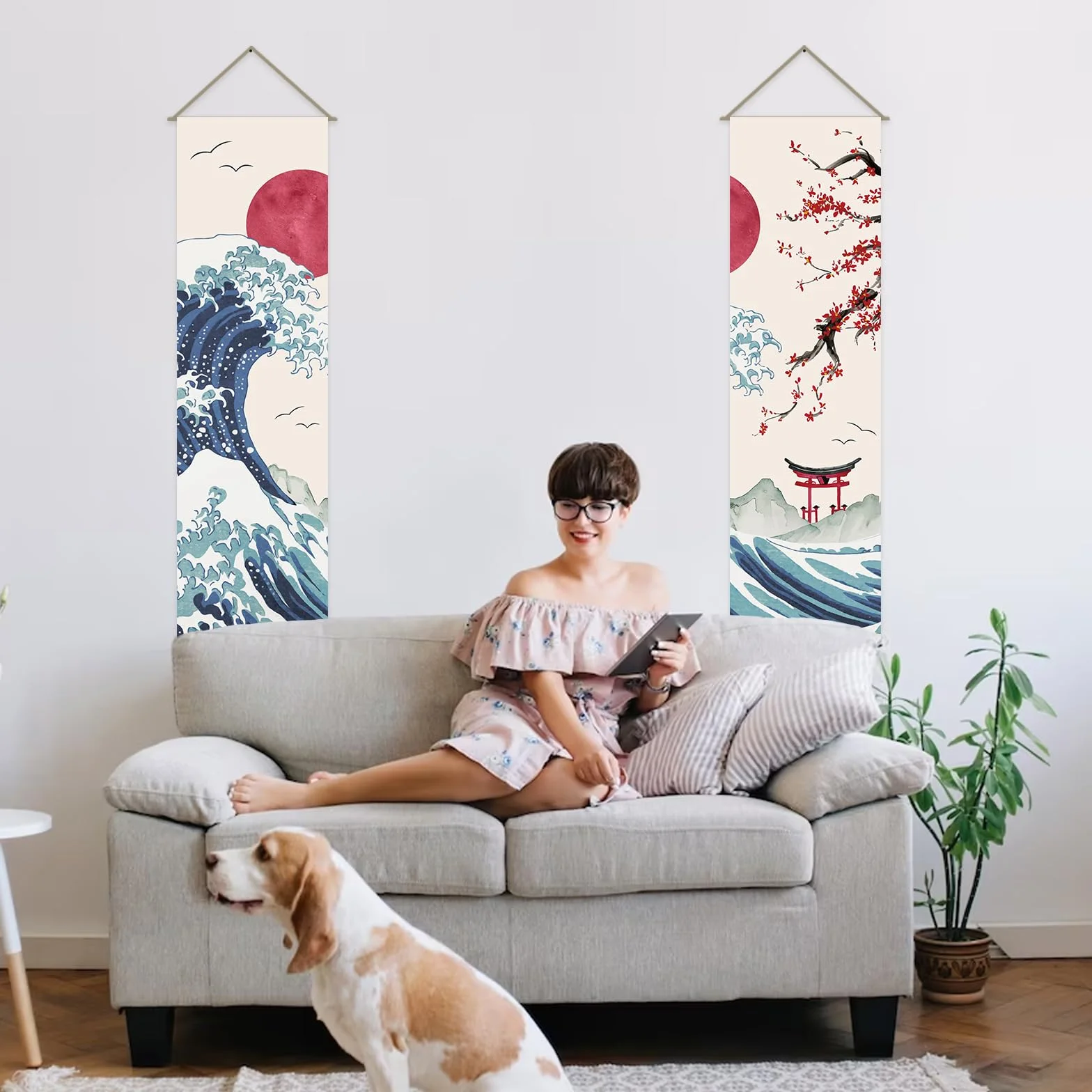 AHANDMAKER Confezione da 2 arazzi giapponesi con onde dell'oceano, sole rosso e onde e fiori di ciliegio rossi, arazzo con nappe per camera da letto, 33 x 130 cm
