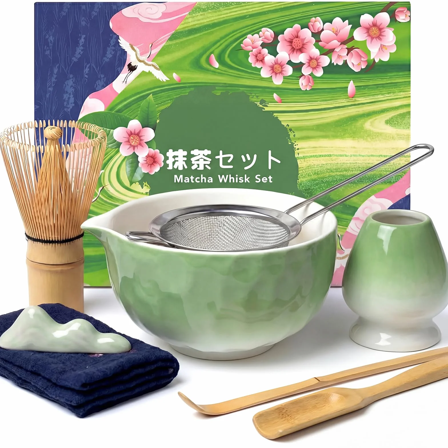 8 pezzi Matcha Kit, Matcha Set in ceramica con Frusta Matcha, Ciotola, Cucchiaio, Filtro, Supporto, Set per Cerimonia del Tè Artigianale, Kit Matcha per Ideale Appassionati di Tè, Verde