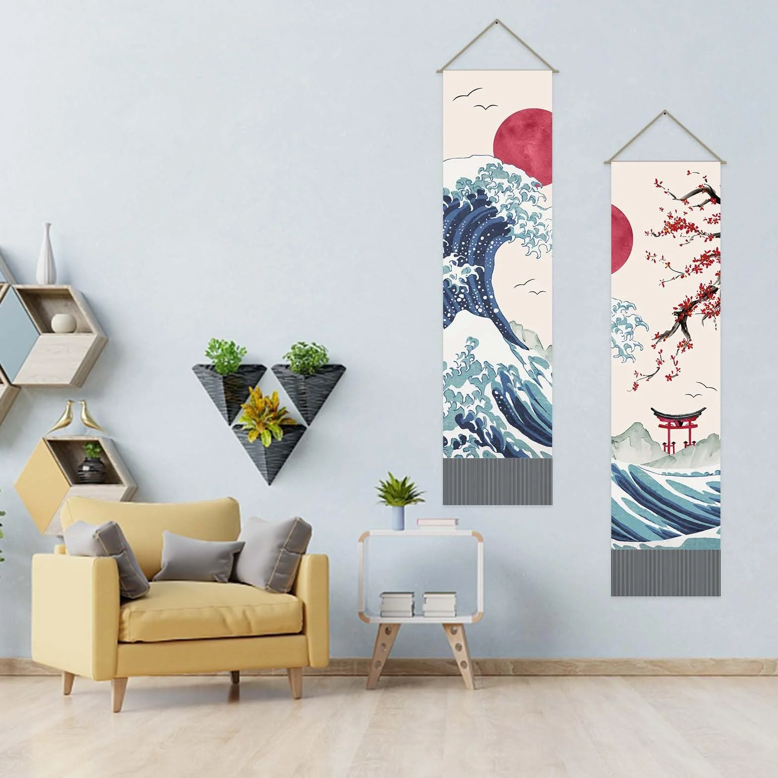 AHANDMAKER Confezione da 2 arazzi giapponesi con onde dell'oceano, sole rosso e onde e fiori di ciliegio rossi, arazzo con nappe per camera da letto, 33 x 130 cm