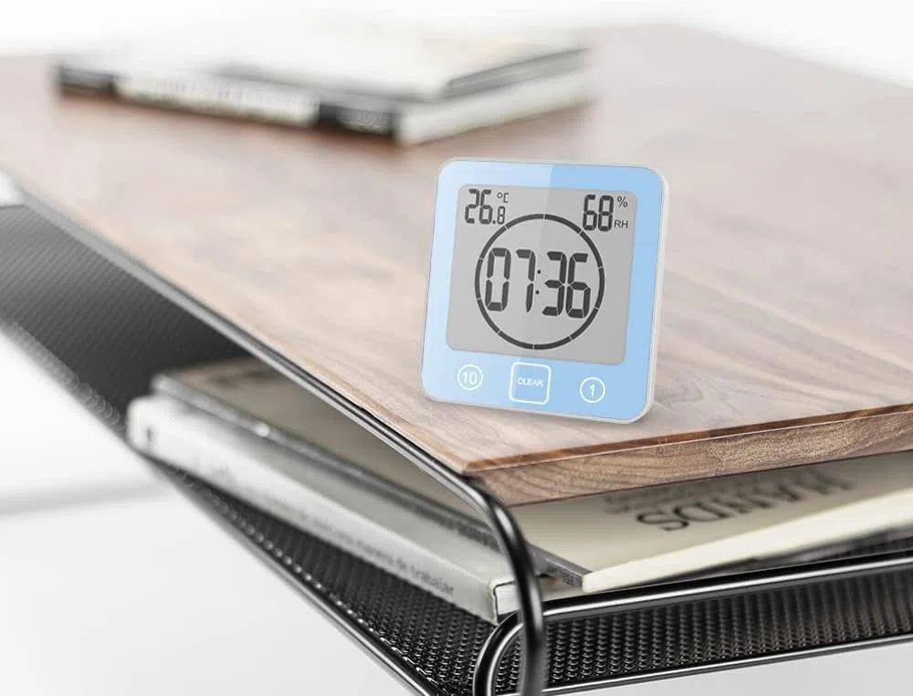 Termometro Igrometro Digitale, Orologio da Bagno Impermeabile Allarme Toccare Controllo Timer per il Conto Alla Rovescia, Termoigrometro da Interno per Casa Monitor di Temperatura e umidità (Blu)