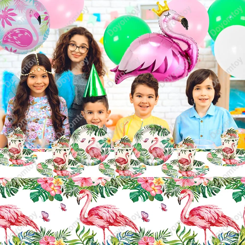 Doyomtoy 76 Pezzi Stoviglie per Feste Hawaiane - Decorazioni Fenicottero, Palloncini, Piatti, Tazze, Tovaglioli per Compleanno e Baby Shower