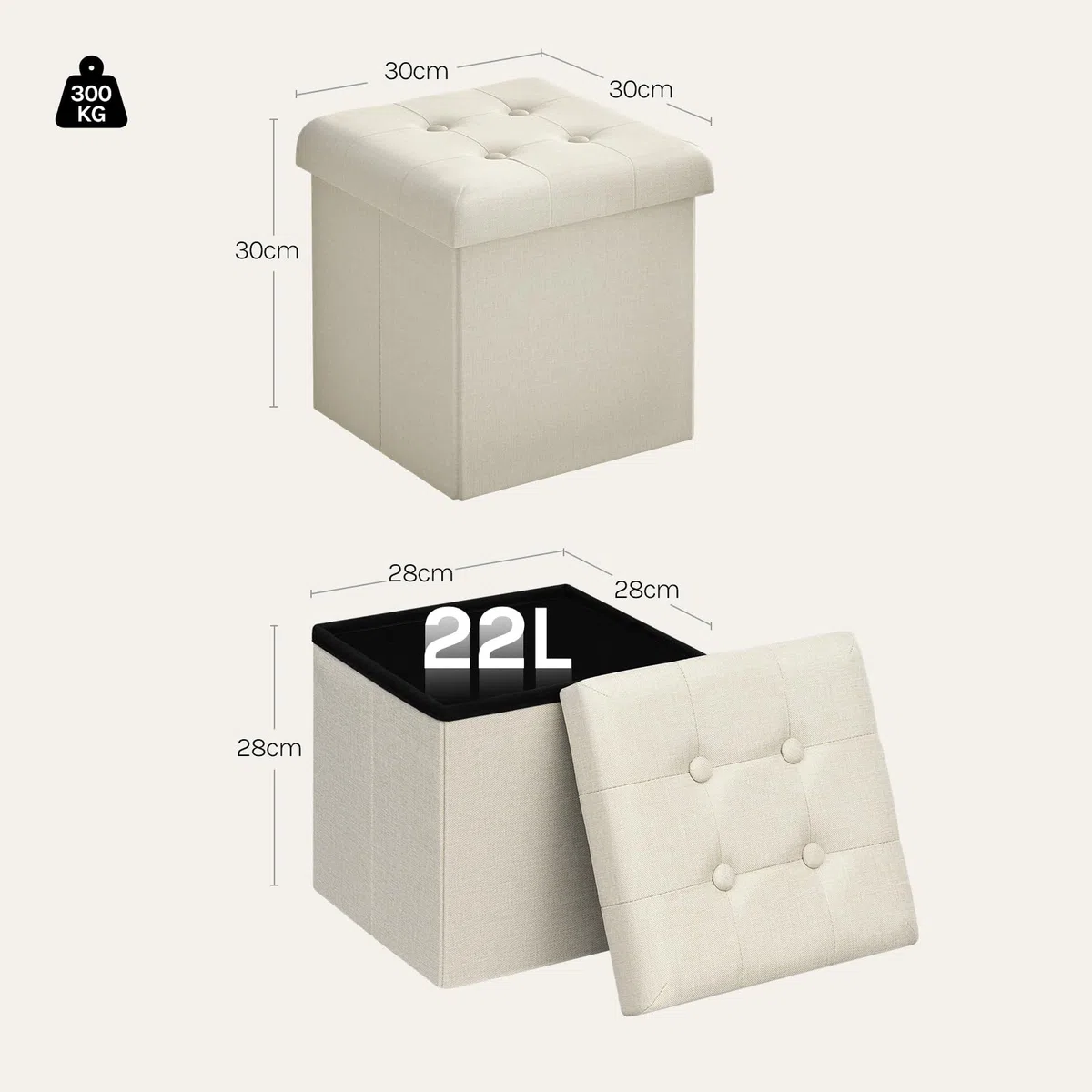 WOLTU Pouf con Contenitore, Puffo Pieghevole con Coperchio, Poggiapiedi Divano, Cubo Seduta con Ripiano, per Soggiorno o Camera da Letto, 30x30x30 cm, Crema
