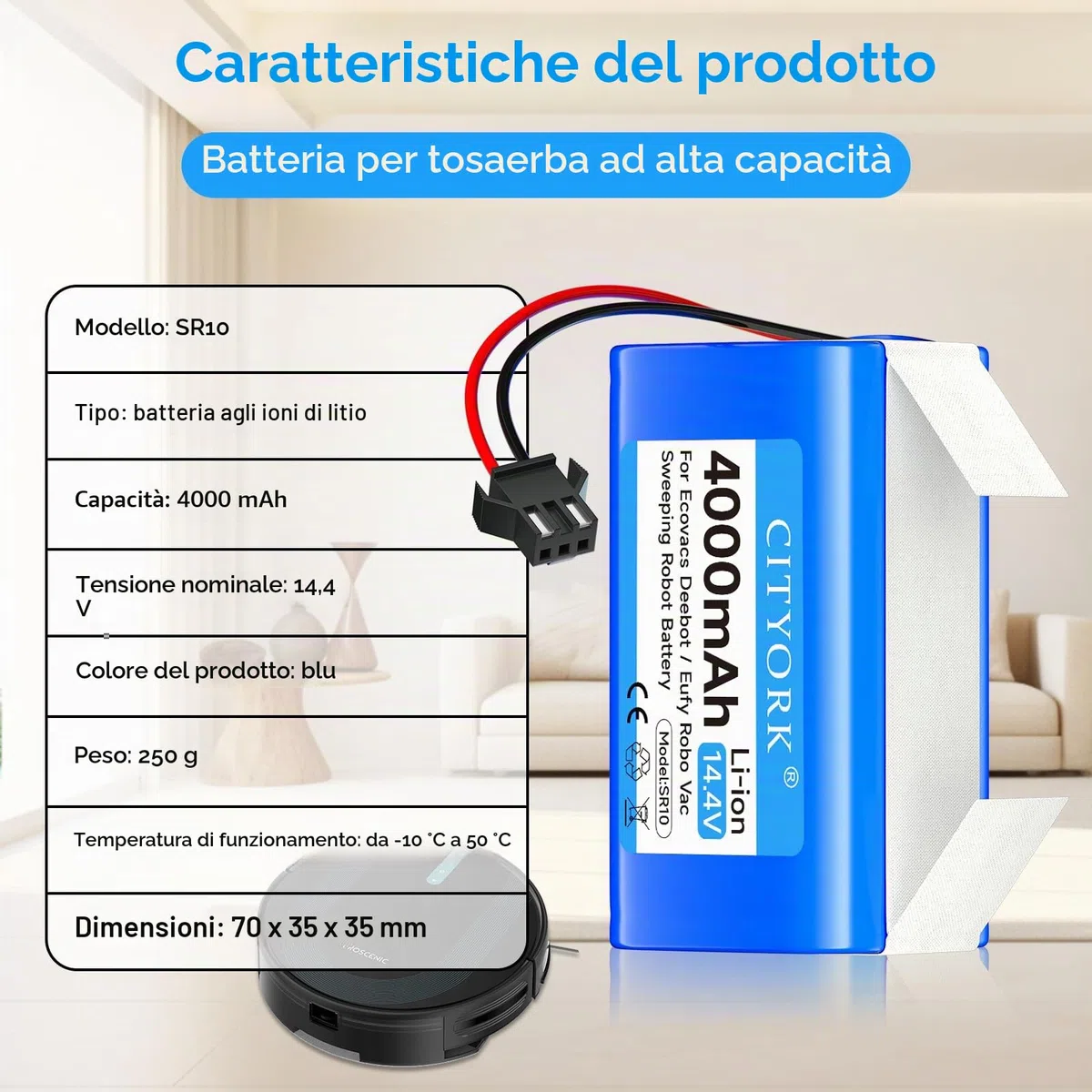 CITYORK 4000mAh Batteria per Proscenic 850T 850P, per Honiture G20, per Lubluelu SL61/SL60D, per Ultenic D5/D5s Pro, per Venga 3000 3001, per Lefant T700, per Tikom G8000, per Bagotte BG600 BG750 Max