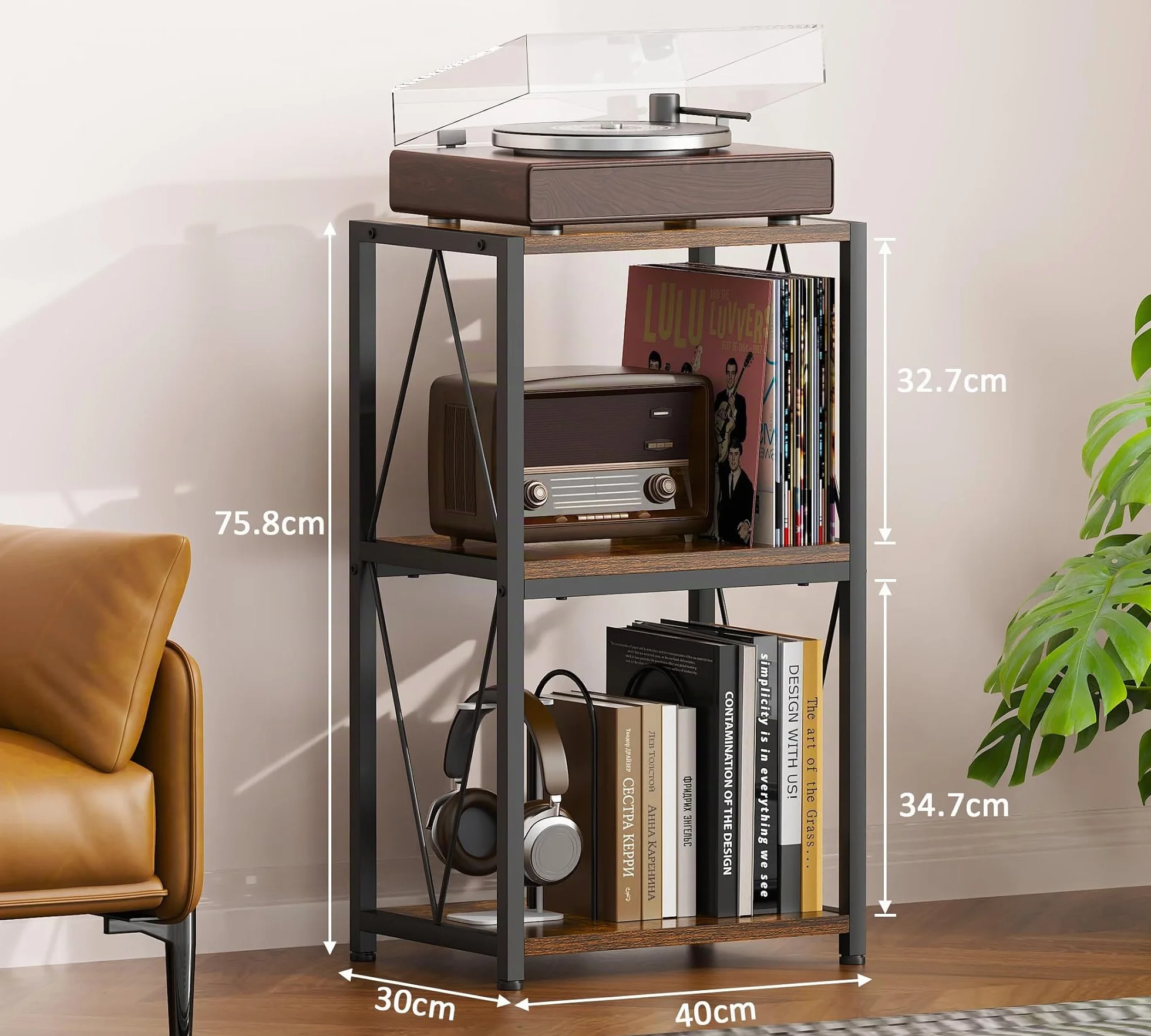 HFHOME Tavolino per dischi in vinile a 3 ripiani, armadietto per giradischi per riporre e esporre vinili, supporto per giradischi in soggiorno, camera da letto, sala musica