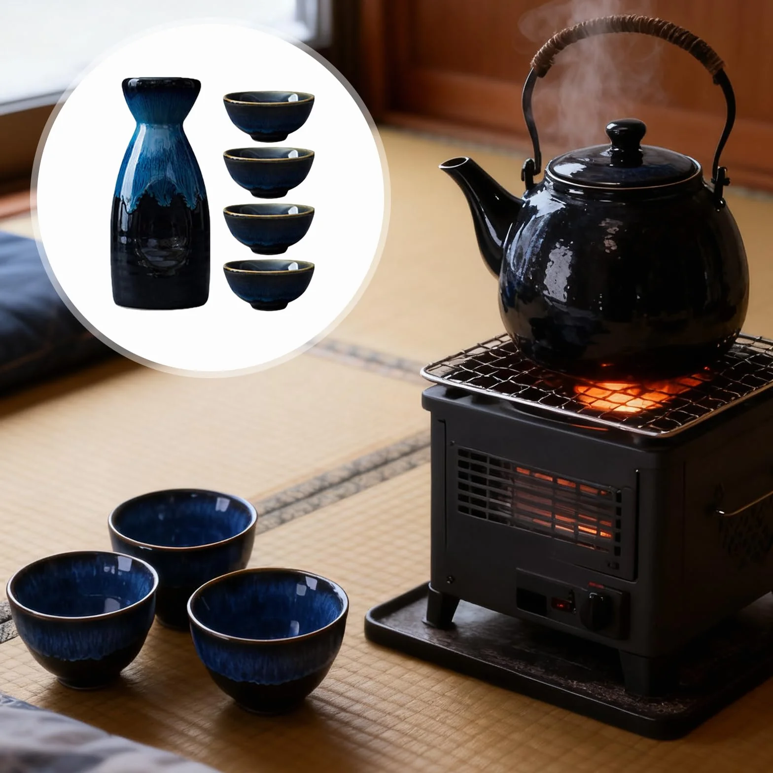 Set di 5 sake da 310 ml, in ceramica giapponese, vetro borosilicato di alta qualità con tazza e vaso di vino, elegante porcellana blu