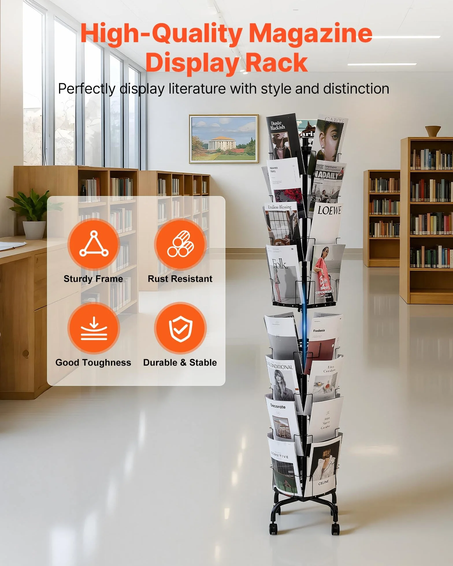 VEVOR Supporto Portariviste da Pavimento Girevole per Brochure e Cartoline con 32 Tasche, Espositore Girevole a 360° con 4 Ruote, Espositore da Terra per Brochure per Mostre, Uffici e Fiere