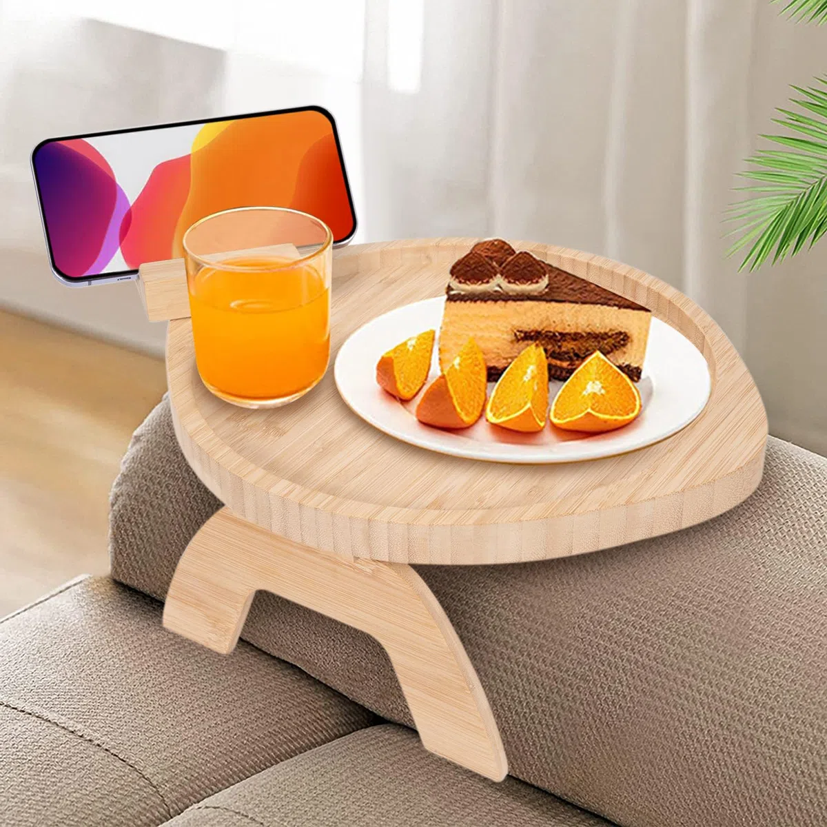 Vassoio da Divano in Legno di Bambù Pieghevole Vassoio da Bracciolo con Supporto per Telefono Girevole a 360° per Braccioli Tavolino da Tavolo per Snack Bevande Telecomando