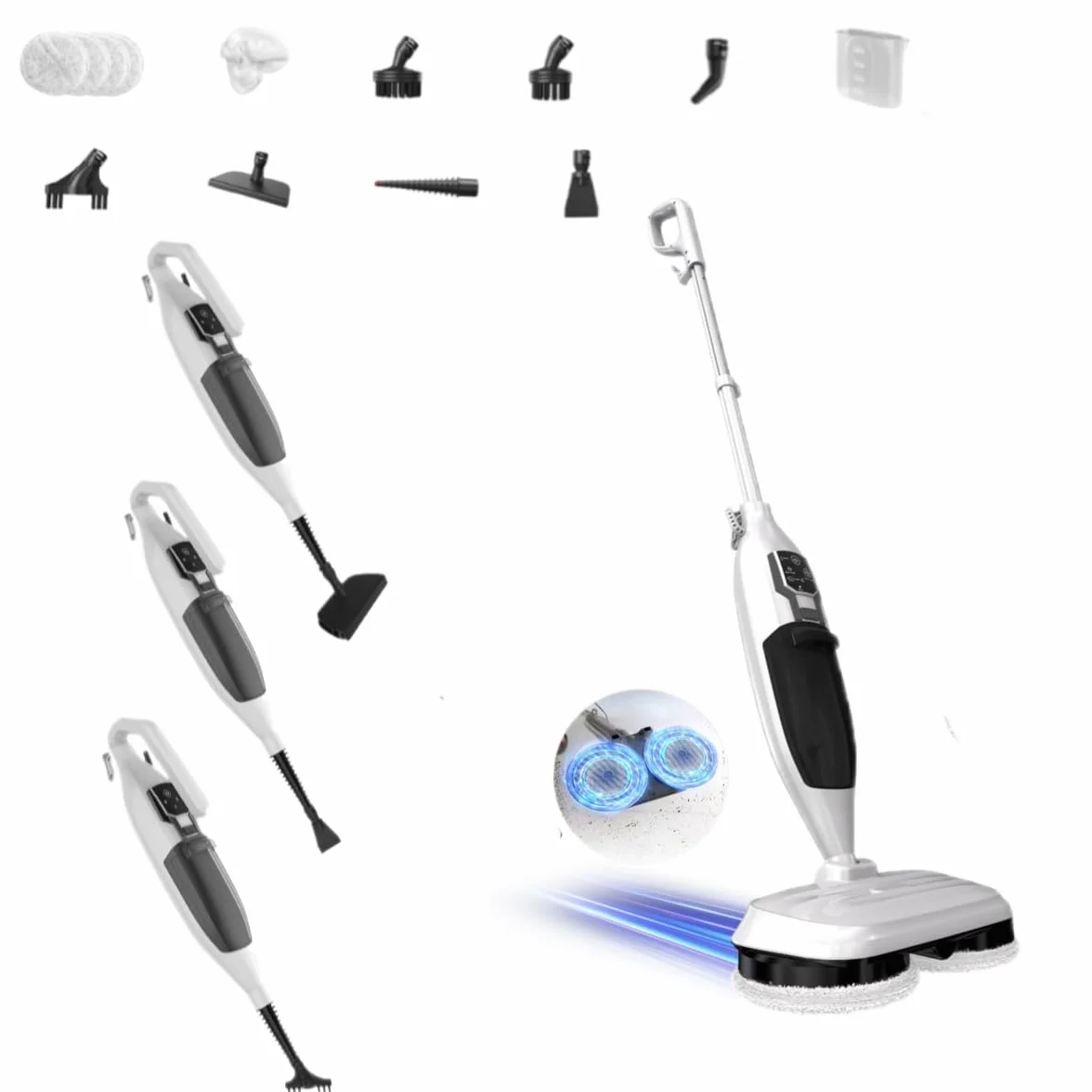 PUREBEAR Scopa a Vapore 2 in 1 con Pulitore a Vapore Portatile, 3 Livelli di Vapore Regolabili, 4 Panni di Ricambio, per Pavimenti, Piastrelle, Finestre, Vestiti e Fughe