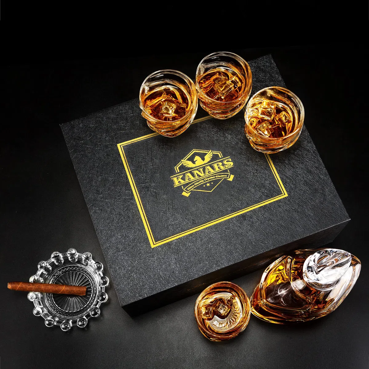 KANARS Bottiglie e Bicchieri da Whisky, Decanter da Whiskey Cristallo, 750 ml Bottiglia con 4x 260 ml Bicchieri per Cognac, Martini, Whisky, Scotch, Bourbon, Bellissimo Regalo, 5 Pezzi
