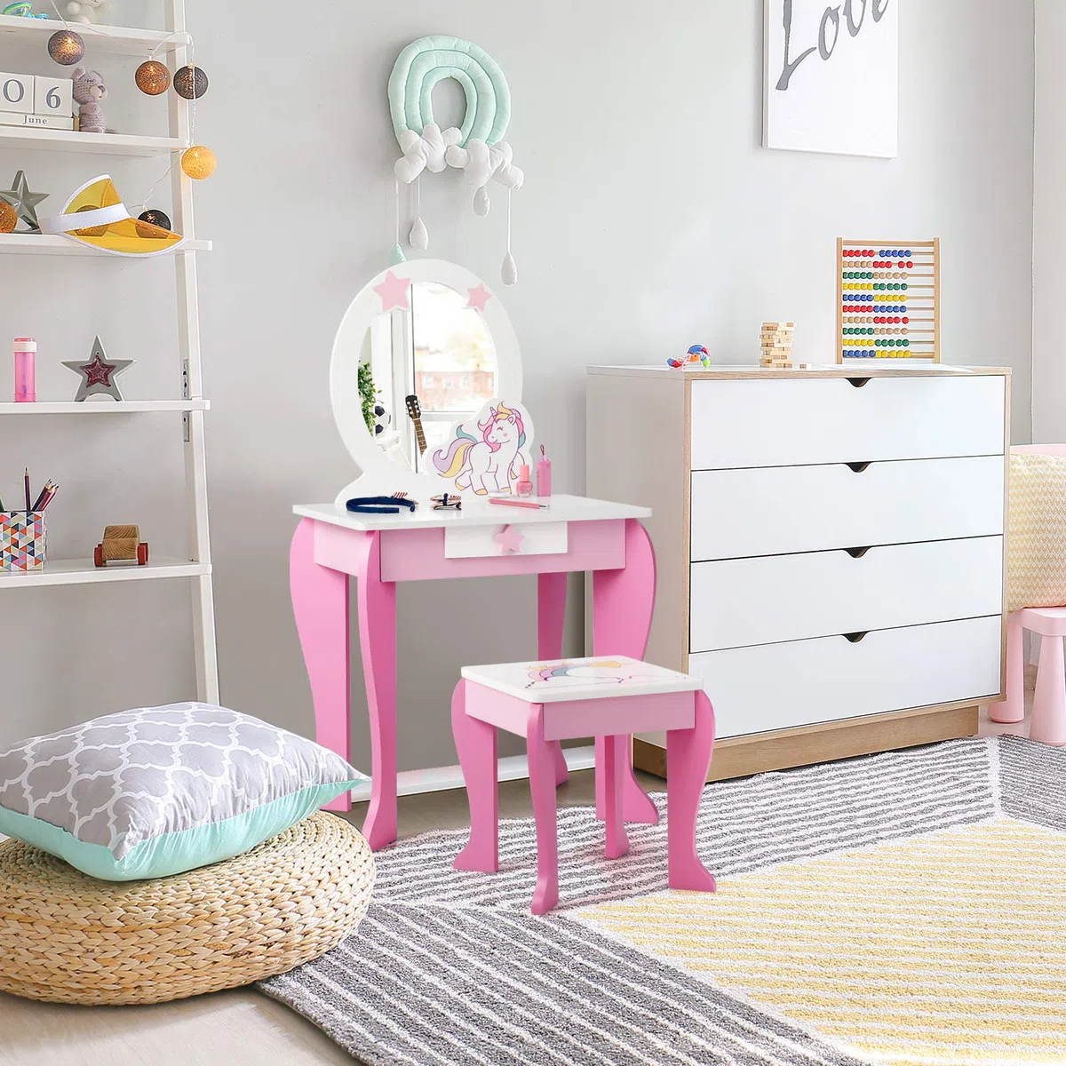 GIANTEX Set di Specchiera e Sgabello per Bambini, Tavolo da Trucco Giocattolo in Legno con Cassetto, Ideale Regalo per Ragazze di 3-7 Anni, con Portata di 15kg, 49x35,5x89cm (Rosa)