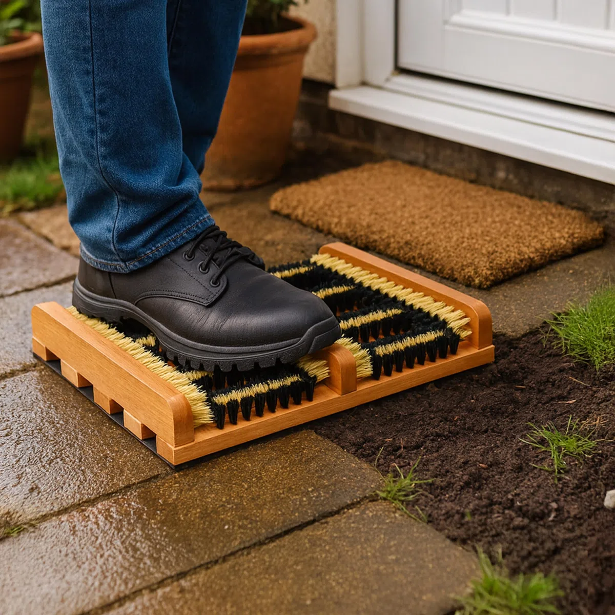Relaxdays Pulisci Scarpe Ingresso con Spazzole Pulizia Sneaker e Suola Stivali, Tappetino con Setole Dure, Marrone Nero