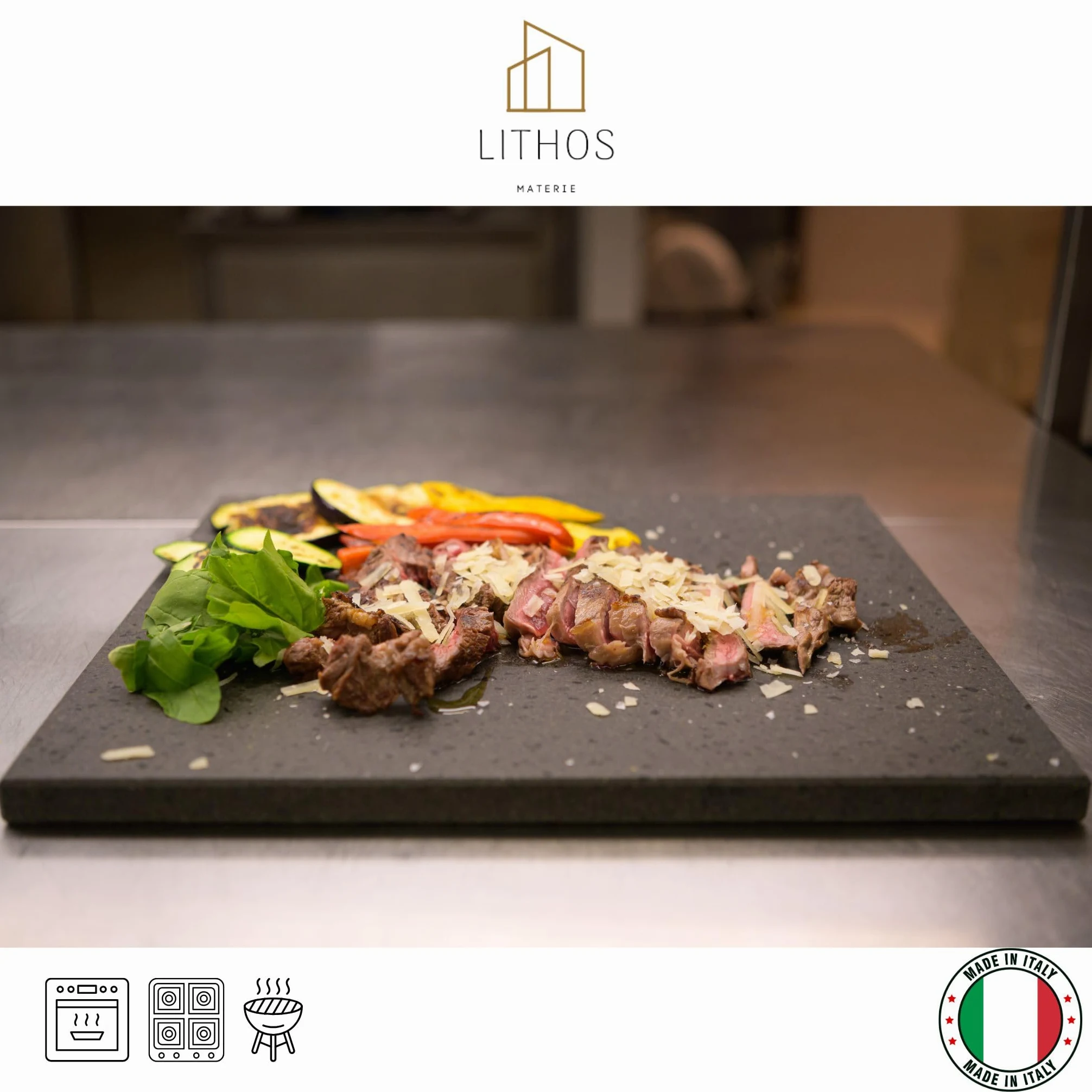 Piastra Liscia in Pietra LAVICA Ollare - Refrattaria dell’Etna per Forno Elettrico & Gas, Barbecue, Bistecchiera per Pizza e Carne – Misure a Scelta (60x40 cm3)