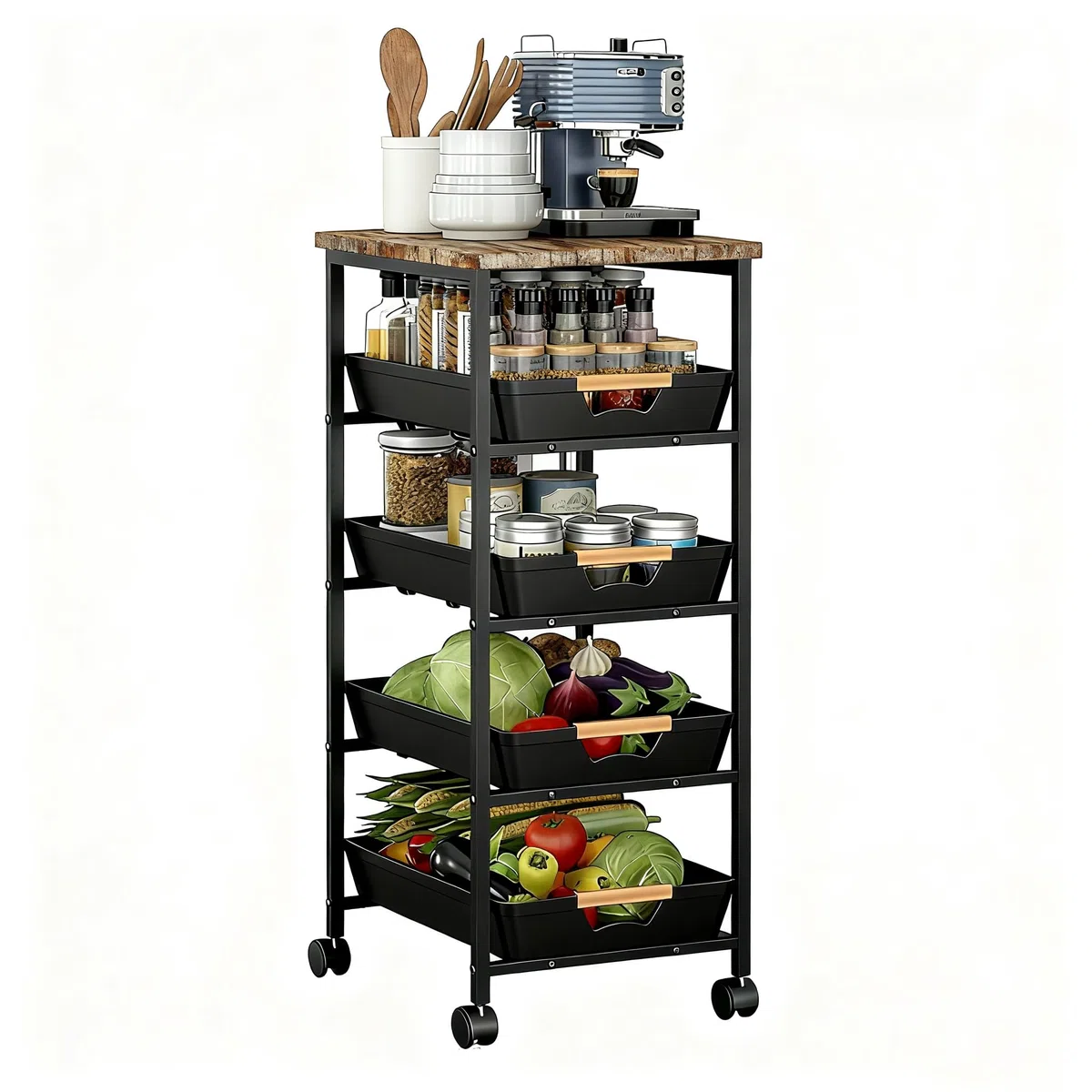 Carrello multiuso a 5 ripiani con piano e cassetti in legno, struttura in metallo con ruote, per cucina, bagno, soggiorno, ufficio