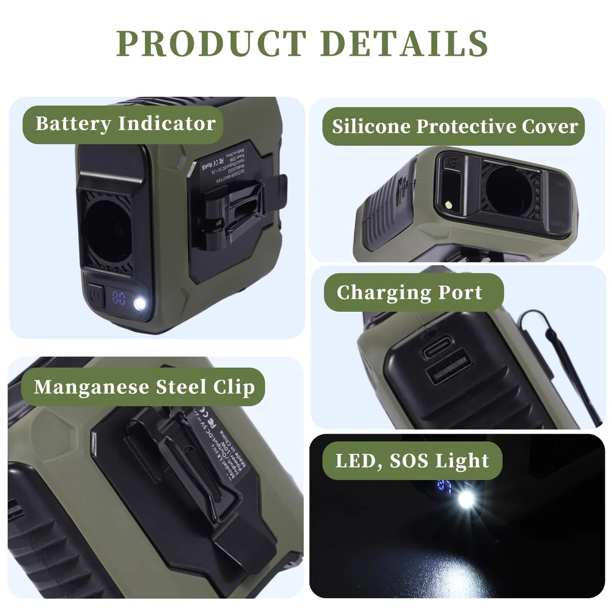Ventilatore Portatile da Cintura 10000mAh, 35H Ventilatore Indossabile Senza Mani con 5 Velocità e Luce LED, Ventola Ricaricabile USB, per Lavoro all'Aperto, Campeggio e Viaggi
