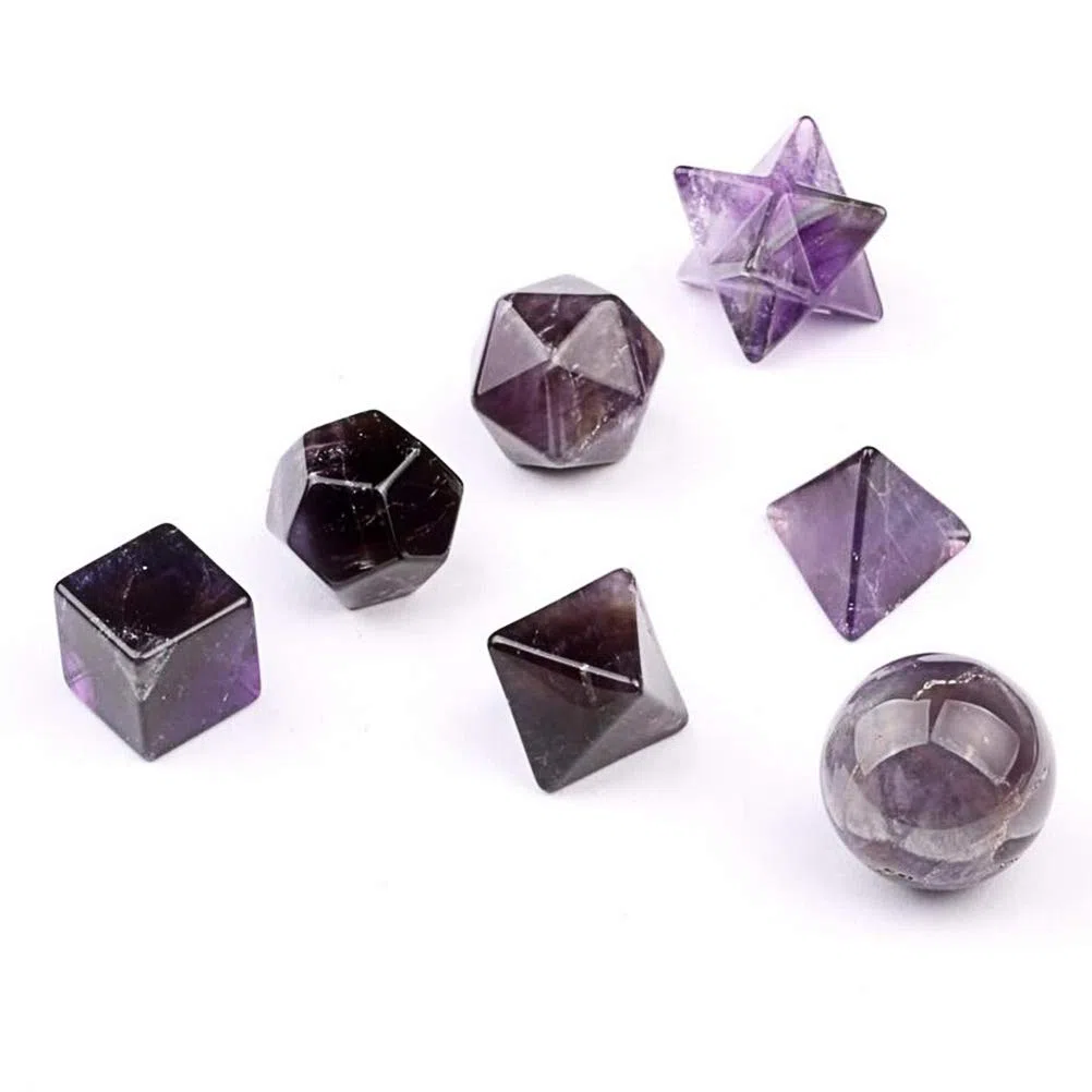 fengshuisale Set di 7 pezzi di ametista platonica con geometria sacra e cristalli di stella Merkaba, set W3486