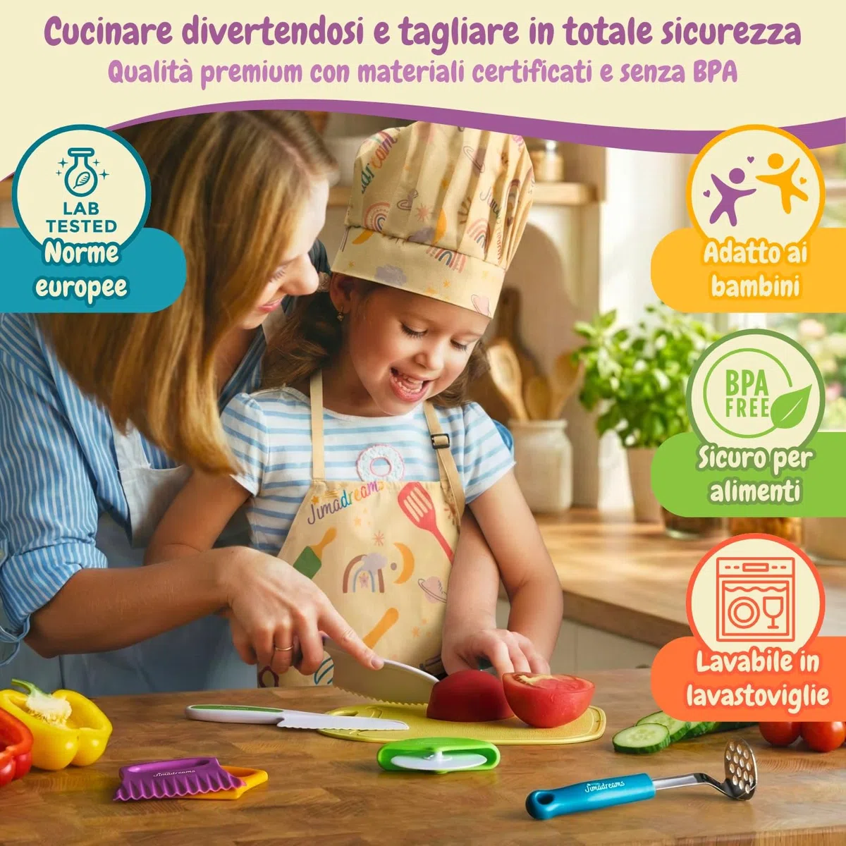 Set Cucina Bambini Montessori con Coltelli Antitaglio, Utensili Veri e Sicuri, Grembiule e Cappello da Chef - Kit Cucina e Pasticceria per Bambini - Regalo Bambina e Bambino dai 3 Anni