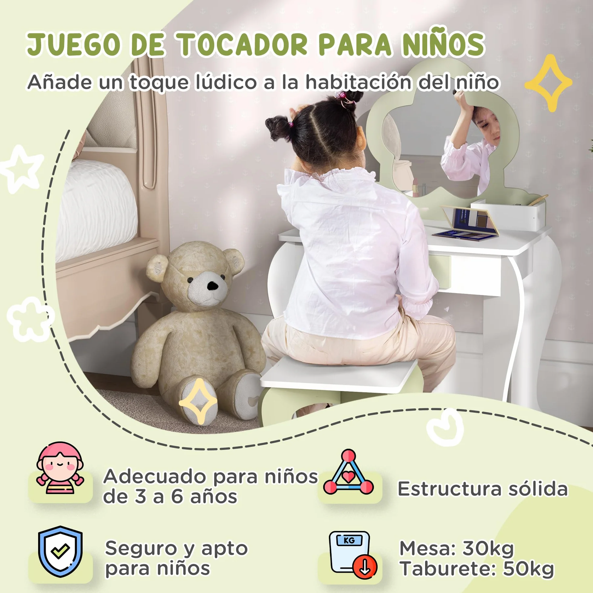 ZONEKIZ Set Toeletta con Specchiera Trucco per Bambina con Sgabello Abbinato, Tavolo Toeletta in Legno con Cassetto e Contenitori, Specchio a Fiore, Bianco