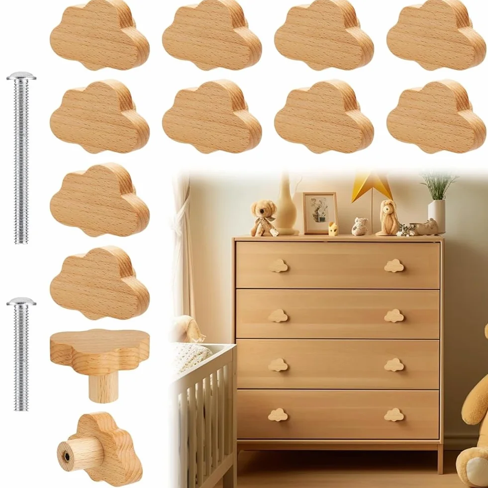12 PCS Manopole Resistenti In Legno di Faggio A Forma di Nuvola per Cassetti. Maniglie In Legno per Cassettiere Dallo Stile Boho. Color Legno Adatto per Armadi e Mobili.