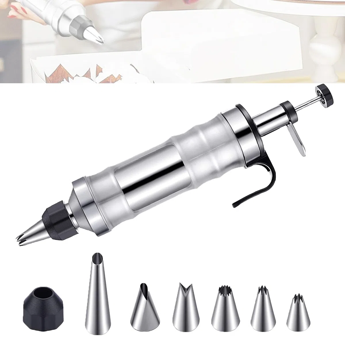 Pressa per Pasticceria in Acciaio inox Presse Per Pistola Macchina per Biscotti Professionale Siringa per Dolci Dolci Penna Per Decorare Torte Cone 6 Beccucci, per Cupcakes, Pasticceria （Nero）