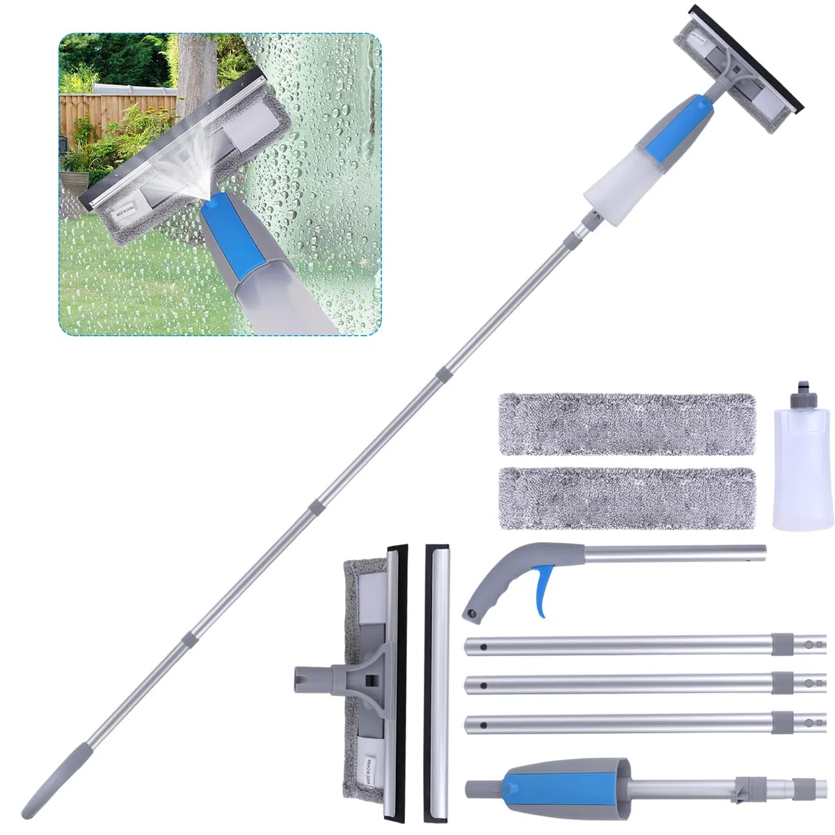 Lavavetri Telescopico 3 in 1, Professionale Lavavetri con Spray, Spazzola Lava Vetri con Manico 190cm per La Pulizia del Vetro Alte in Interni ed Esterni