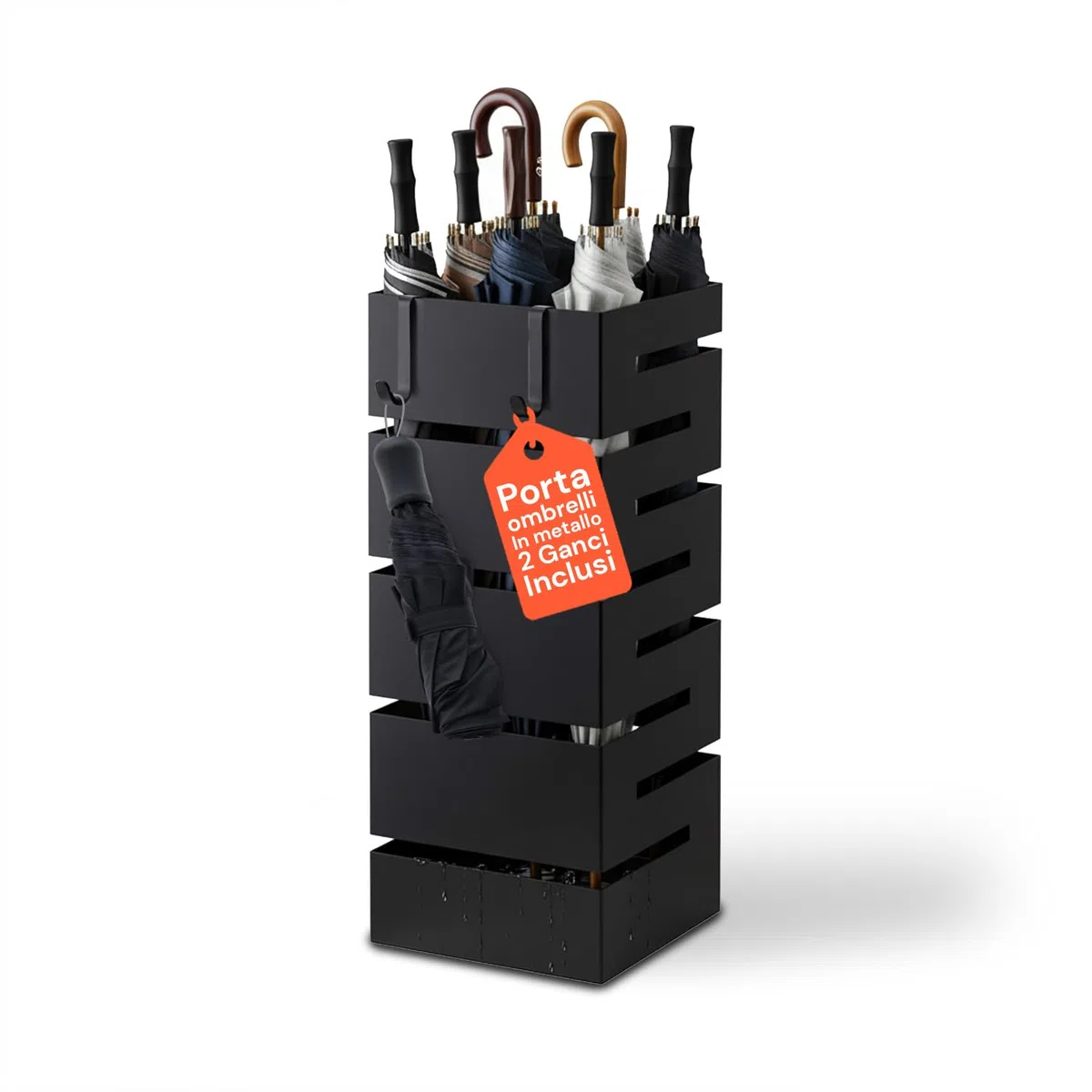 Avilia Portaombrelli da Interno Metallo Nero – Porta Ombrelli con Vaschetta Raccogligocce e 2 Ganci, Portaombrelli da Esterno 10 Ombrelli, Design Moderno per Ingresso Casa e Ufficio