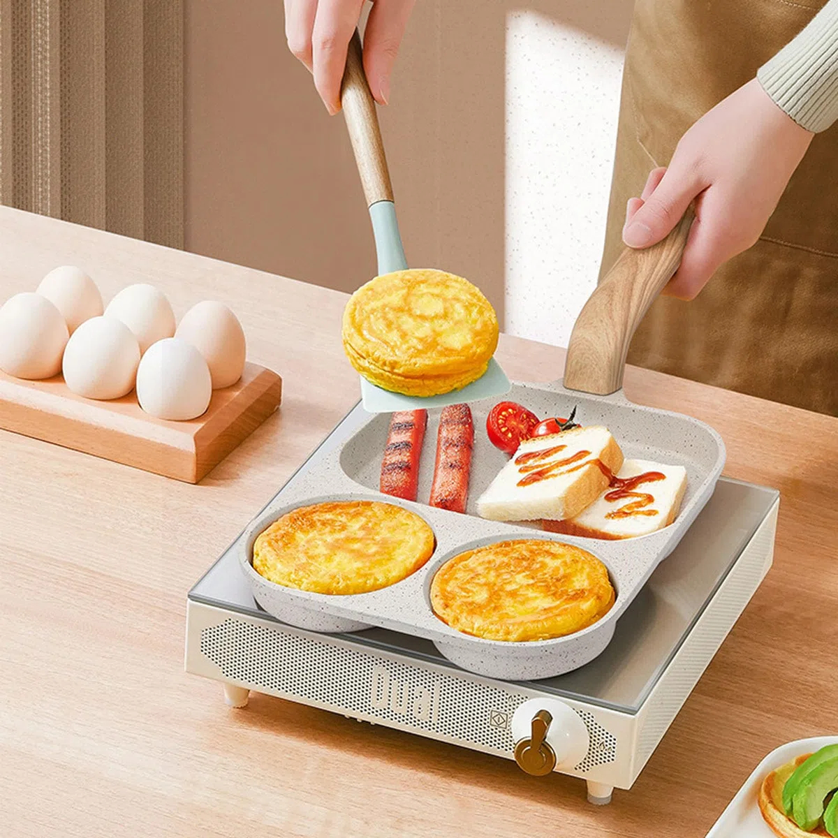 Padella antiaderente per uova da colazione a 3 sezioni, per pasti veloci al mattino, con manico ergonomico resistente al calore