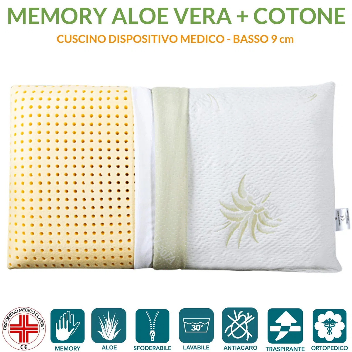 EVERGREENWEB Cuscino Cervicale 40x70 Alto 9 cm, Modello Saponetta 100% Memory Foam, Doppia Fodera Aloe Vera e Cotone Sfoderabile, Guanciale Letto per Dolori al Collo con Dispositivo Medico, Offerta