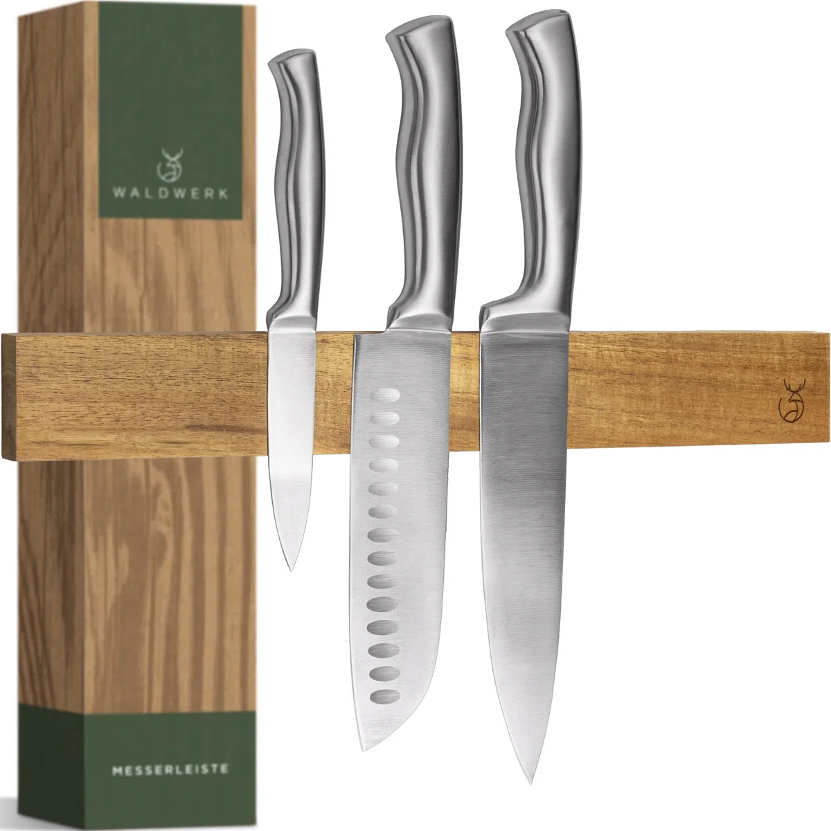 WALDWERK Barra magnetica con coltello (40 x 5 cm) – Barra in pregiato legno di acacia – Portacoltelli magnetico per coltelli pesanti