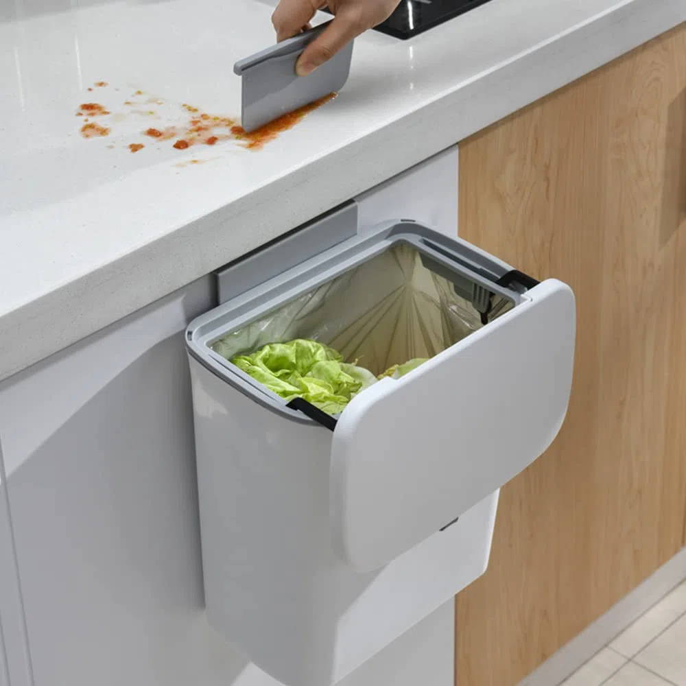 OHMG Pattumiera per compost da cucina, 9 l, piano di lavoro o sotto il lavandino, piccola pattumiera sospesa con coperchio per bagno e camera da letto, secchio per compost per interni