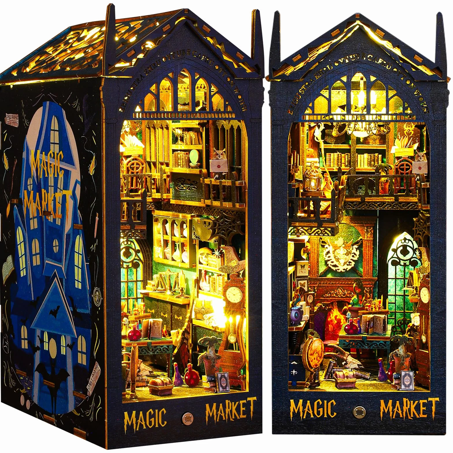 BuzzoXerex Kit Book Nook, DIY Casa in Miniatura, Casa in Legno in Miniatura, Kit Miniatura Angolo Libro 3D con Mobili e Luci LED per Decorazione Della Casa Regali Creativi (Magic Bazaar)