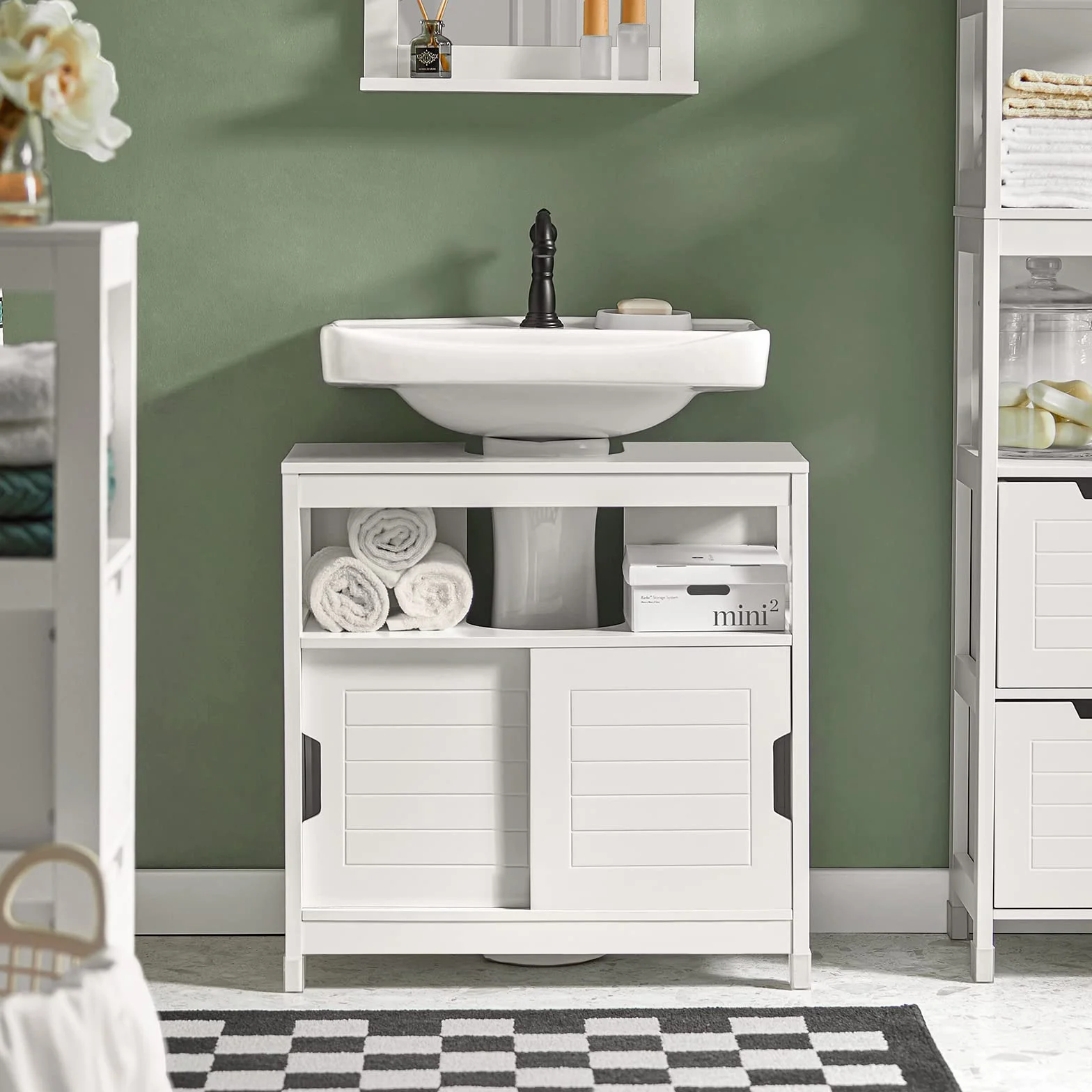 SoBuy Mobiletto Bagno Salvaspazio - Armadio Salvaspazio 2 Ante Scorrevoli e Ripiano Aperto - Mobile Sottolavabo per Bagno Moderno Piccolo – Bianco, 60x30x60cm, FRG128-II-W
