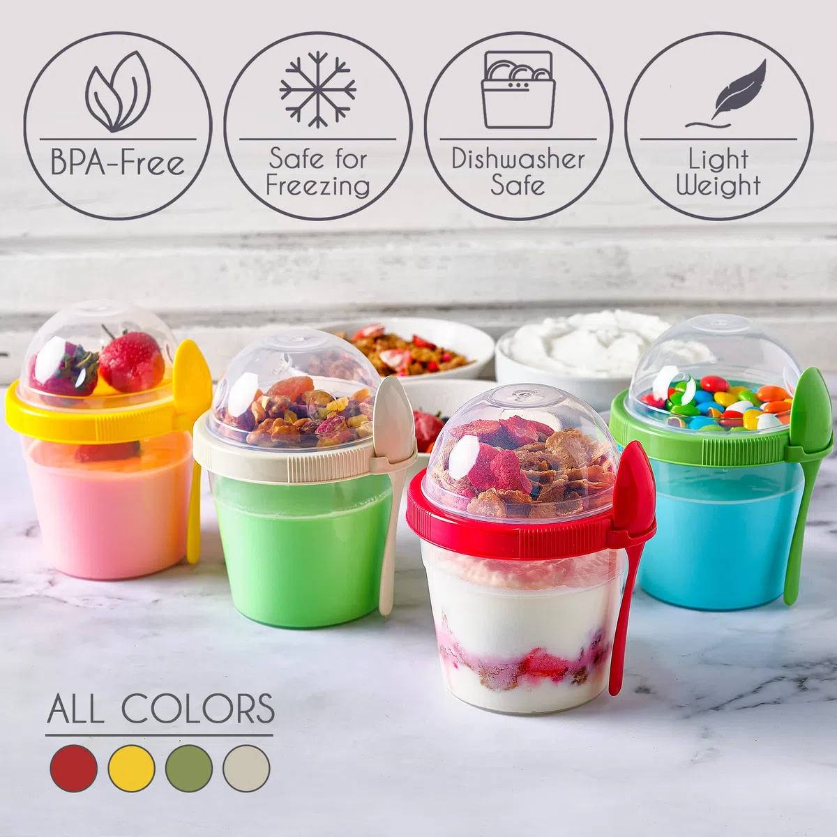 CRYSTALIA Riutilizzabile Tazza Yogurt To Go con Cucchiaio Tazza di Muesli To Go Set 4 500ml SENZA BPA Contenitore Yogurt Insalata Tazza Cereali con Coperchi Porta Yogurt Frutta Contenitore per Yoghurt