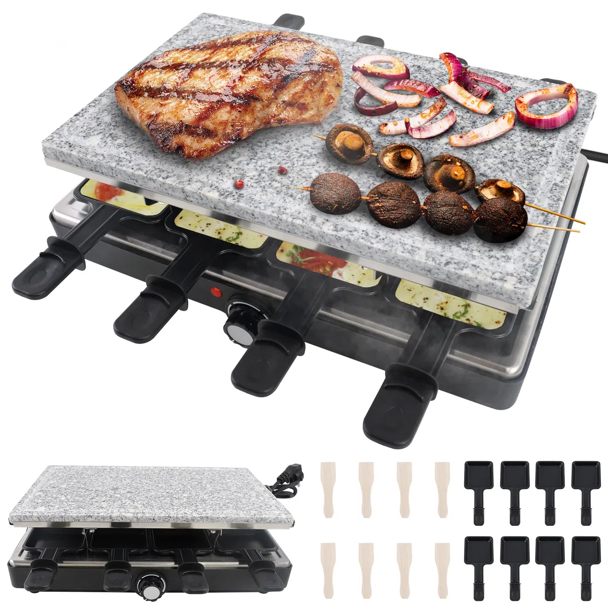 1400W Grill per Raclette per 8 Persone, Doppio Piano da Tavolo Antiaderente, con Piastra in Pietra, Piccole Tazze, Spatola in Legno e Cavo in Acciaio Inox, Elettrico per Feste e Campeggio