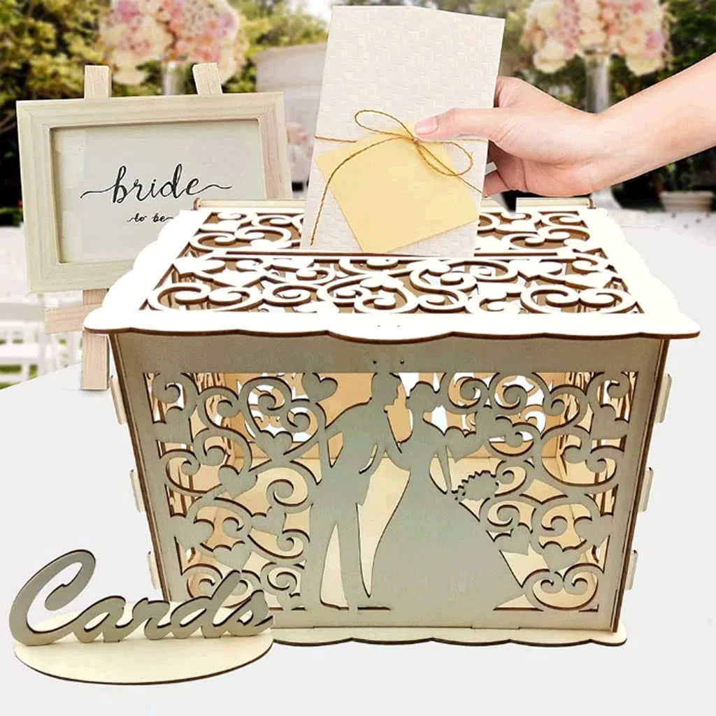 Alnicov Scatola per biglietti di nozze, decorazioni rustiche in legno per matrimoni e decorazioni di matrimonio,scatola di biglietti con serratura per ricevimenti di nozze