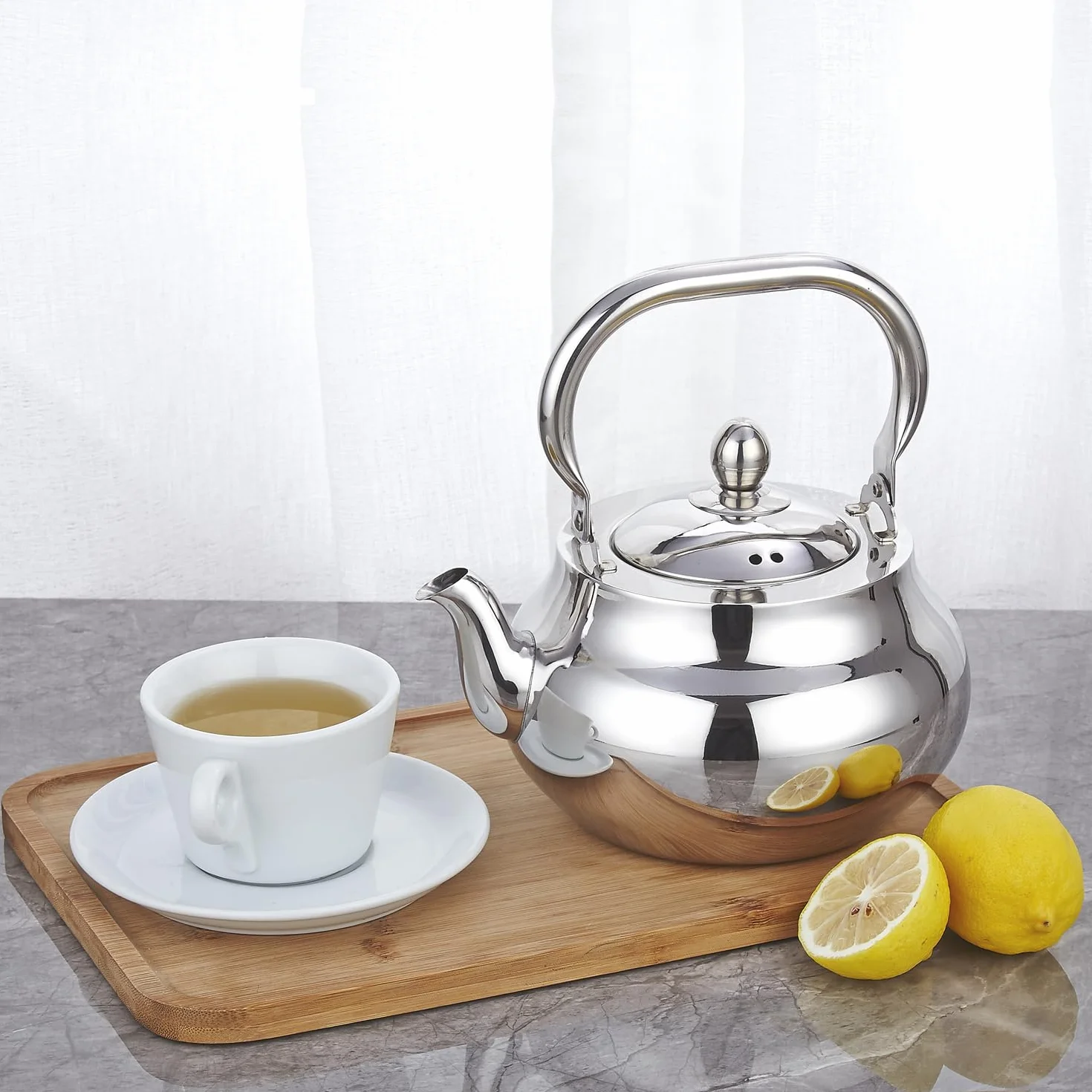 SANQIAHOME Teiera in acciaio inossidabile con infusore rimovibile 71 oz (2000 ml) Macchina per il tè con piano cottura addensato lucidato a specchio per erbe e infusi
