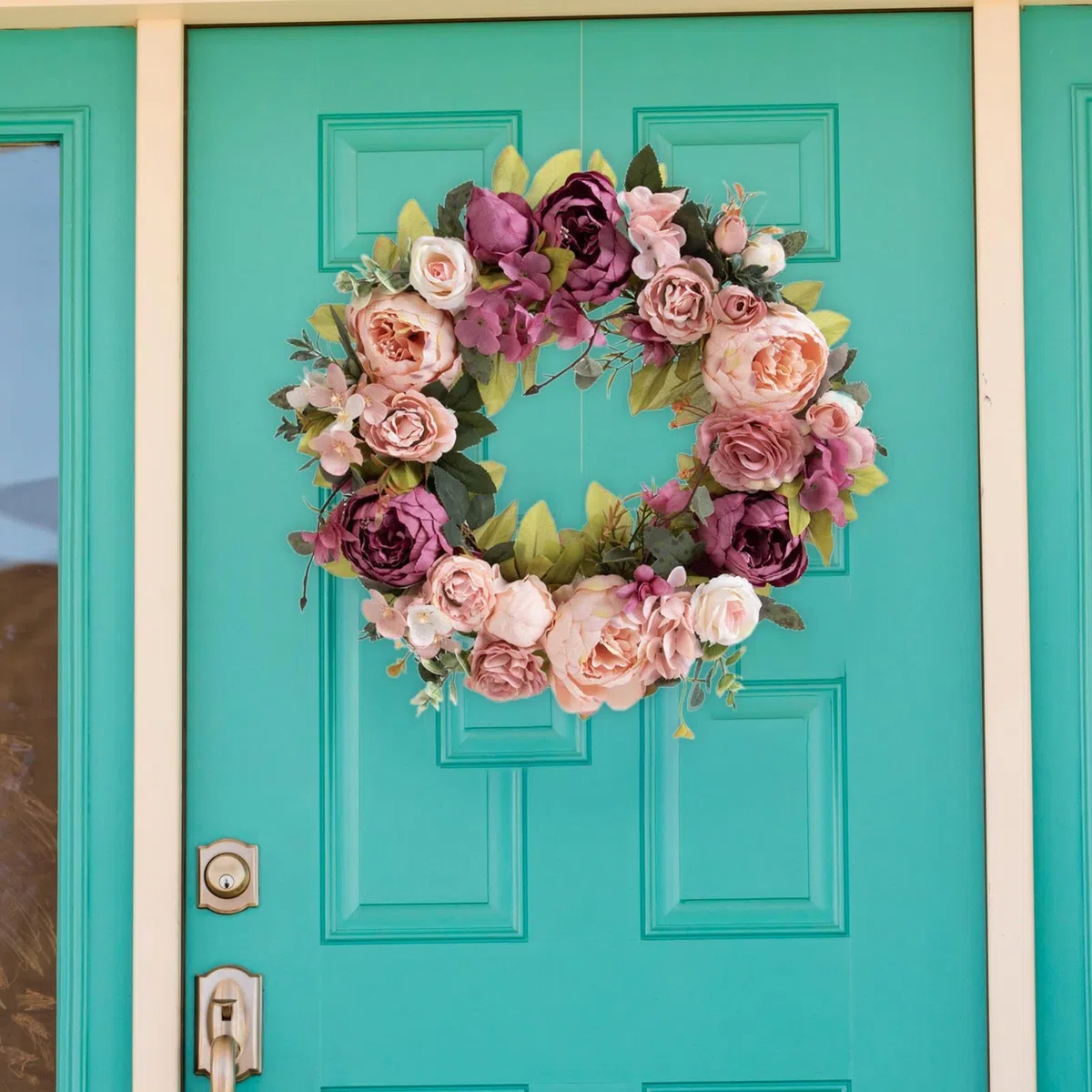 Milageto Ghirlanda primaverile per porta d'ingresso, fiori di artificiali, ghirlanda da 40 cm per matrimonio, finestra, soggiorno, Capodanno, Pasta di Fagioli Viola