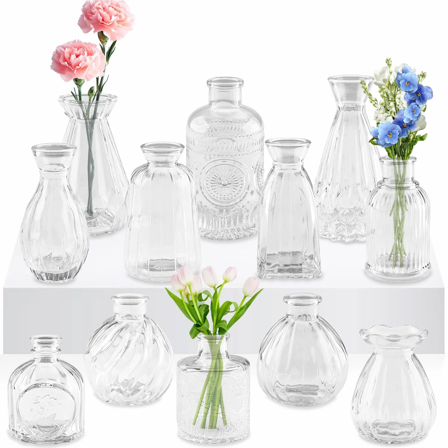 12 Vasi in Vetro Trasparente, Set di Vasetti Piccoli con Stili Diversi, Mini Bottiglie per Terrario Piante e Fiori, Decorazione Casa, Matrimonio, Centro Tavola Moderno