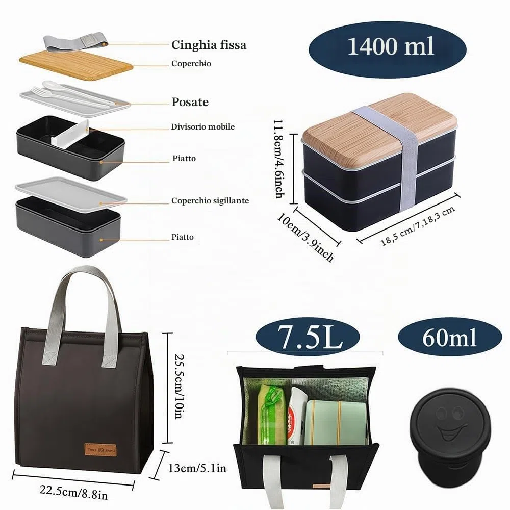 Porta Pranzo Set, 1400 ml Lunch Box con Borsa Termica e Posate, Schiscetta Portapranzo Ermetico per Microonde e Lavastoviglie, Bento Box per Lavoro Picnic Ufficio (Nero)