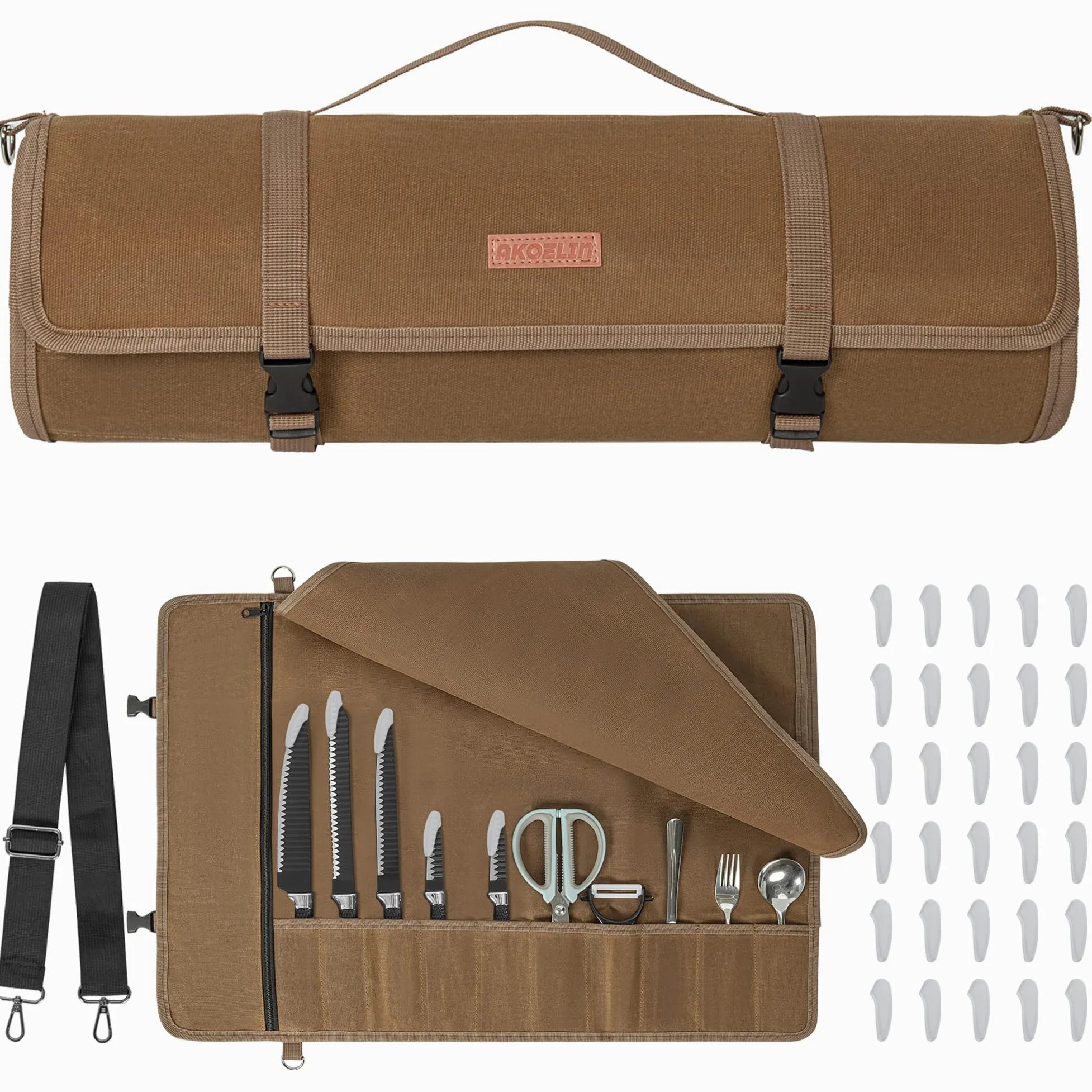 Akozlin Borsa portacoltelli da chef migliorata con 10 scomparti e 1 grande tasca con cerniera in tela cerata, portatile con cinghia regolabile e 30 protezioni per le punte dei coltelli, nero, marrone