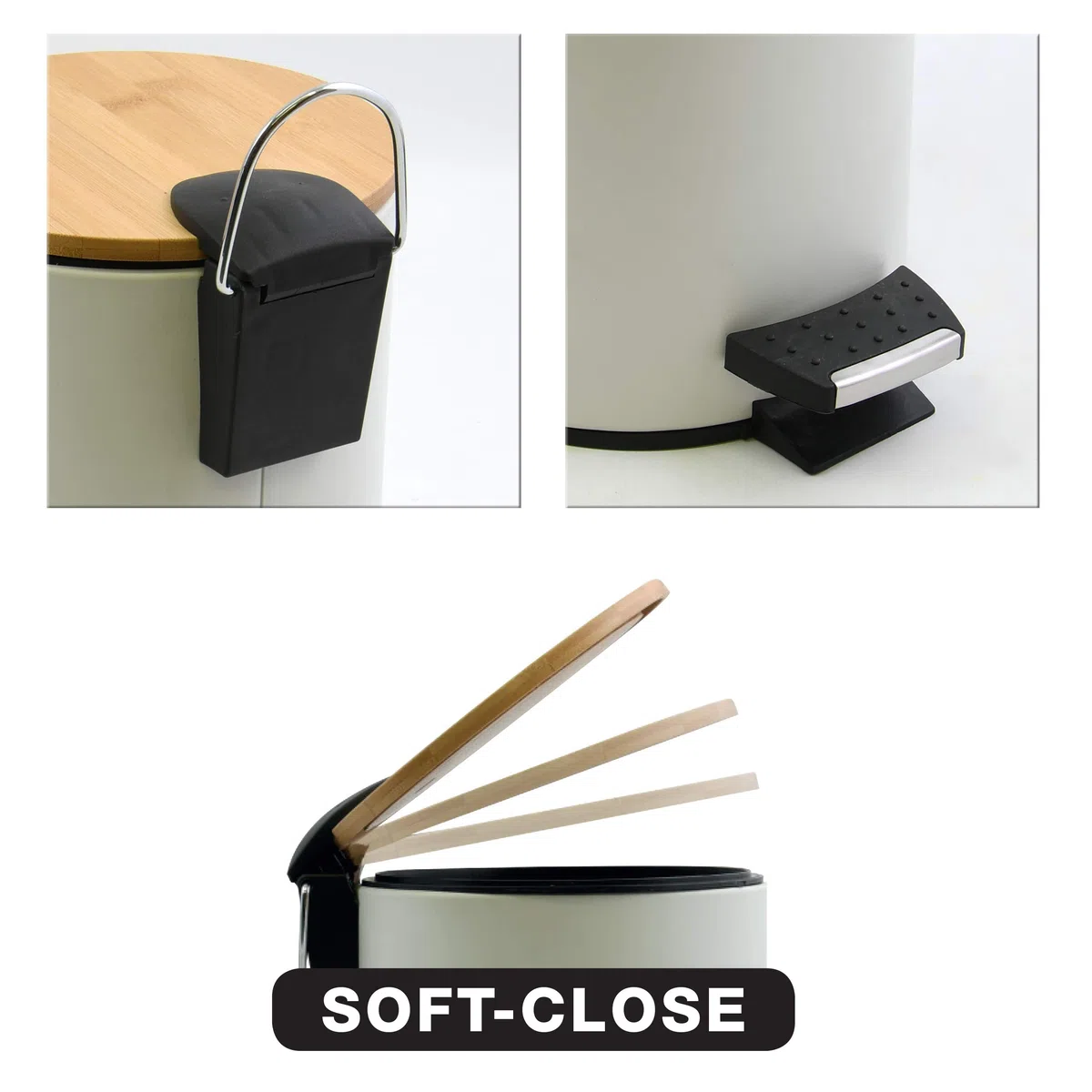 Spirella - Cestino a Pedale Modello Adonis - Acciaio e Bambù - Coperchio a Chiusura Silenziosa Slow Close - Rivestimento Anti-Tracce - Bianco Opaco - 3L