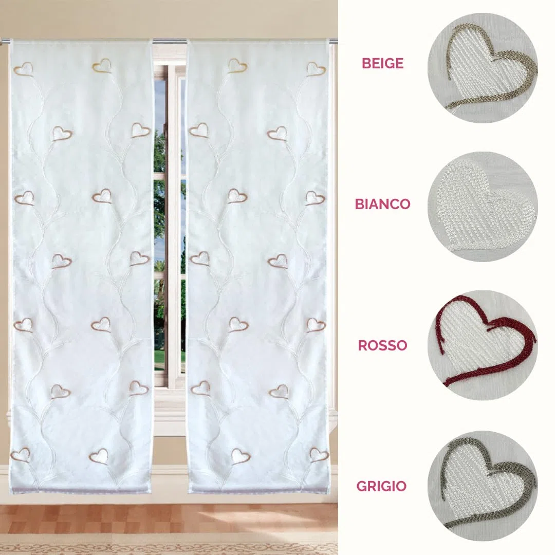 Tata Home Coppia Tendoni per Interni a Vetro Finestra Semitrasparenti Bianche Tende Camera Soggiorno Sala da Pranzo Fantasia Shabby Chic 140x290 cm con Cuori Beige
