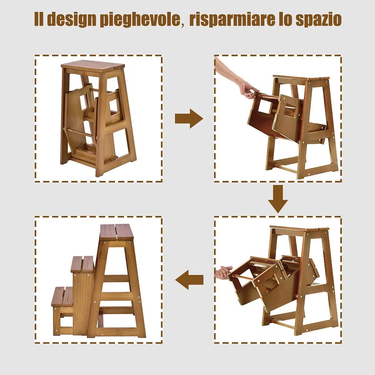 RELAX4LIFE 2 in 1 Sgabello Scaletta in Legno a 3 Gradini, Richiudibile per Cucina, Camera da letto, Ufficio, Negozio (Marrone Chiaro)