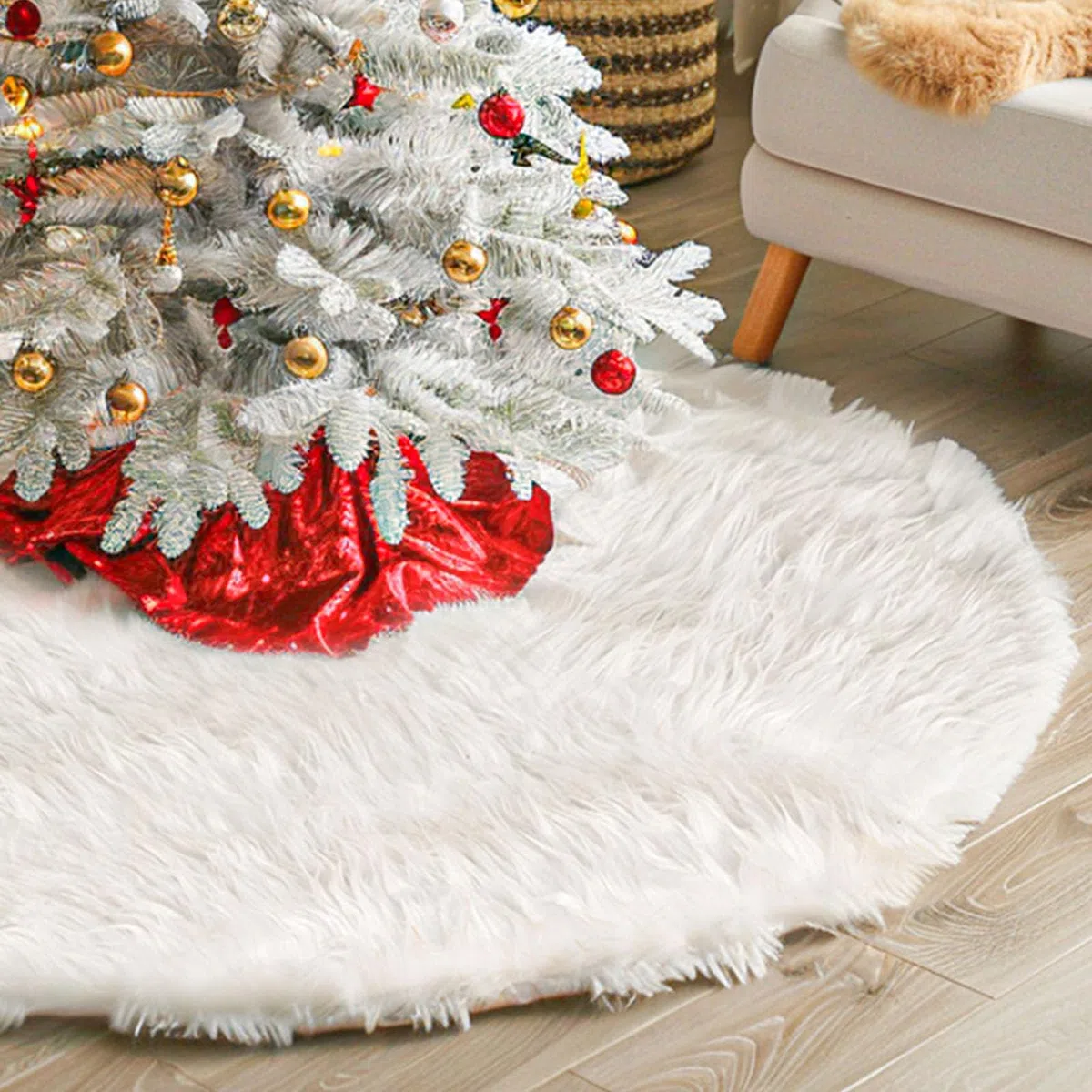 Copertura per albero di Natale bianca da 122 cm, copertura per albero di Natale, tappeto rotondo per feste di Natale allegre, gonna rotonda per decorazioni