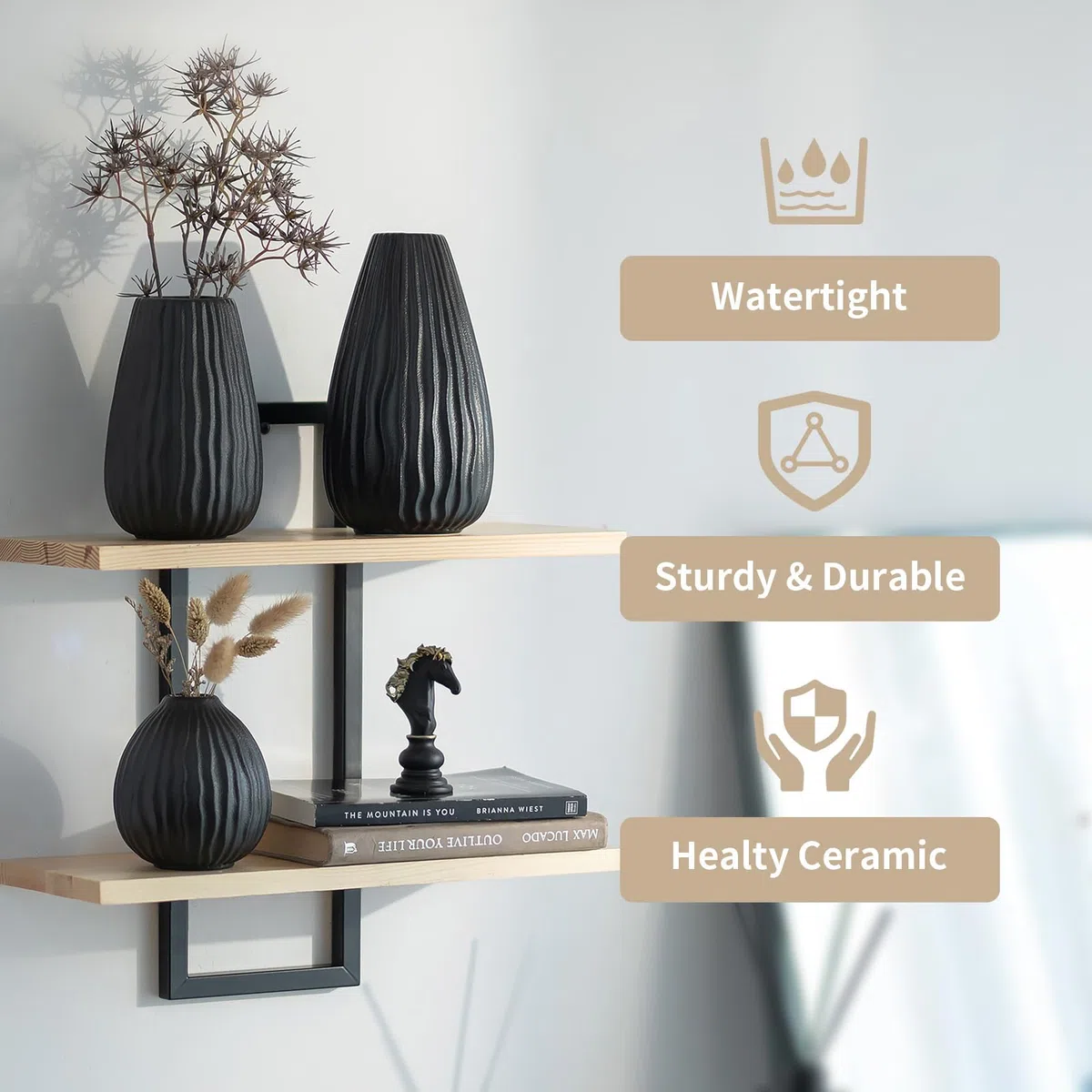 NUPTIO Ceramica Fiori Vaso Nero: Moderno Decorativi Pampas Vasi per Casa Camera Soggiorno Cucina Tavolo - 20cm+16cm+11cm Piccolo Boho Centrotavola per Matrimonio Set da 3 Pezzi
