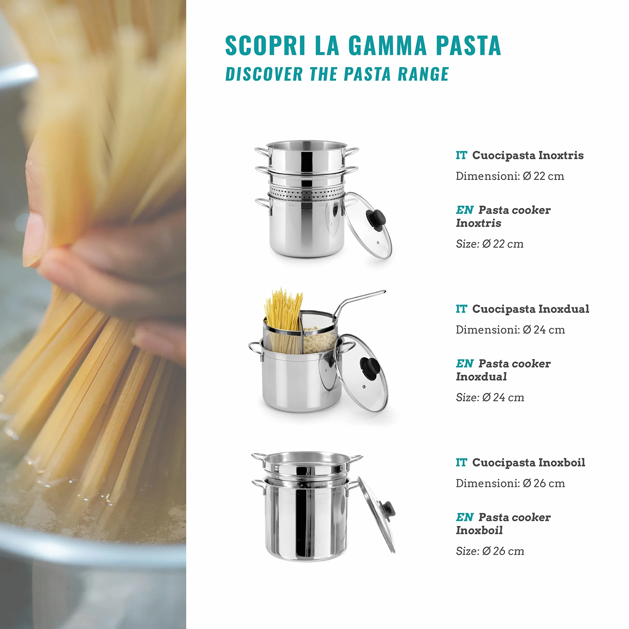 540629, Cuocipasta Inoxpasta in Acciaio Inossidabile, Cestello a Vapore con Coperchio in Vetro da 22 cm, Pentola e Scolapasta Insieme, Utilizzabile nel Gas, Piastra Elettrica e Vetro Ceramica