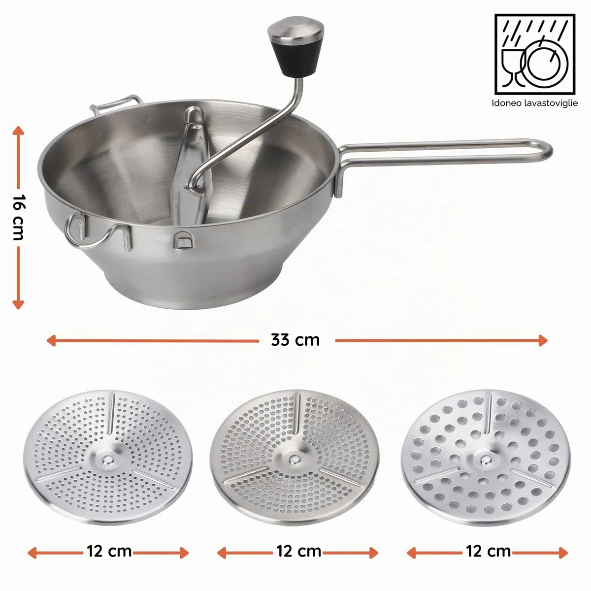 Wenburg Facile da usare Passaverdure Manuale Acciaio Inox - Versatile Passatutto Acciaio Inox con 3 Setaccio - Lavabile in Lavastoviglie - Passaverdura per Filtrare Frutta e Verdura (19,5 cm)