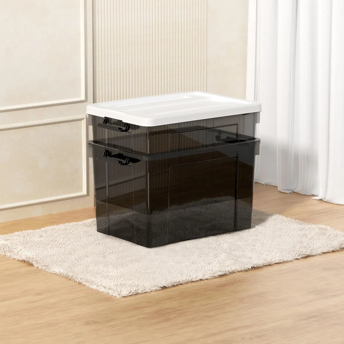 Cetomo 90L*3 Scatole di Stoccaggio in Plastica, Scatole Portaoggetti con Coperchio, Organizzatore, Contenitori per Casa e Ufficio, Impilabile, Resistente, Nero Chiaro, 90L - Confezione da 3