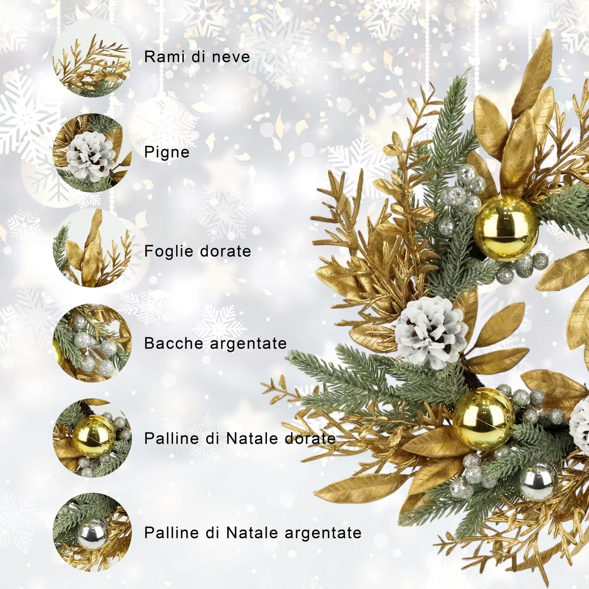 Zavothy Ghirlanda Natalizia per Porta Natalizia, 50 cm, Ghirlanda Artificiale con Pigne e Palline di Natale, Corona dell'Avvento, Decorazione Natalizia, Oro